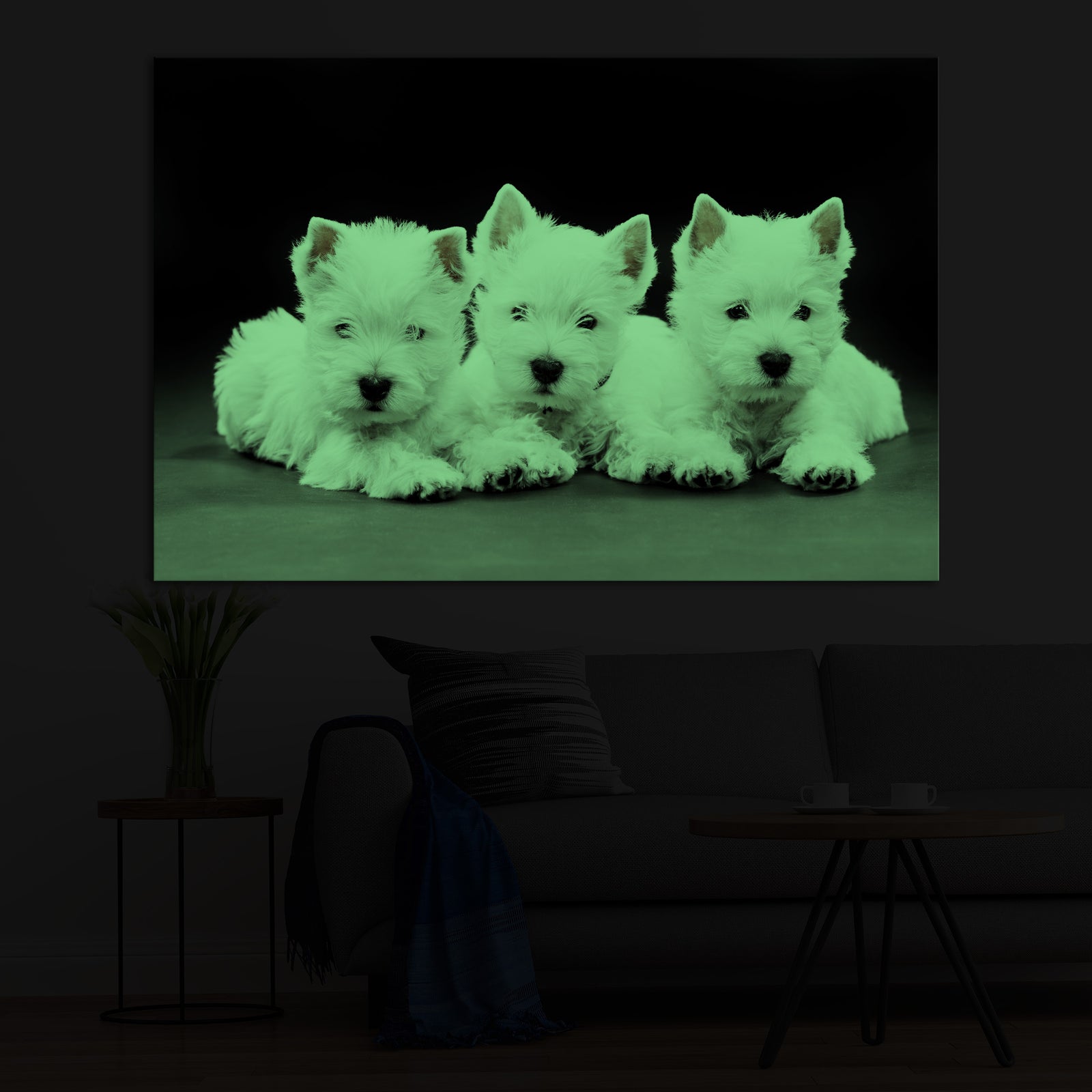 Animals No. 001, glowing in a room at night