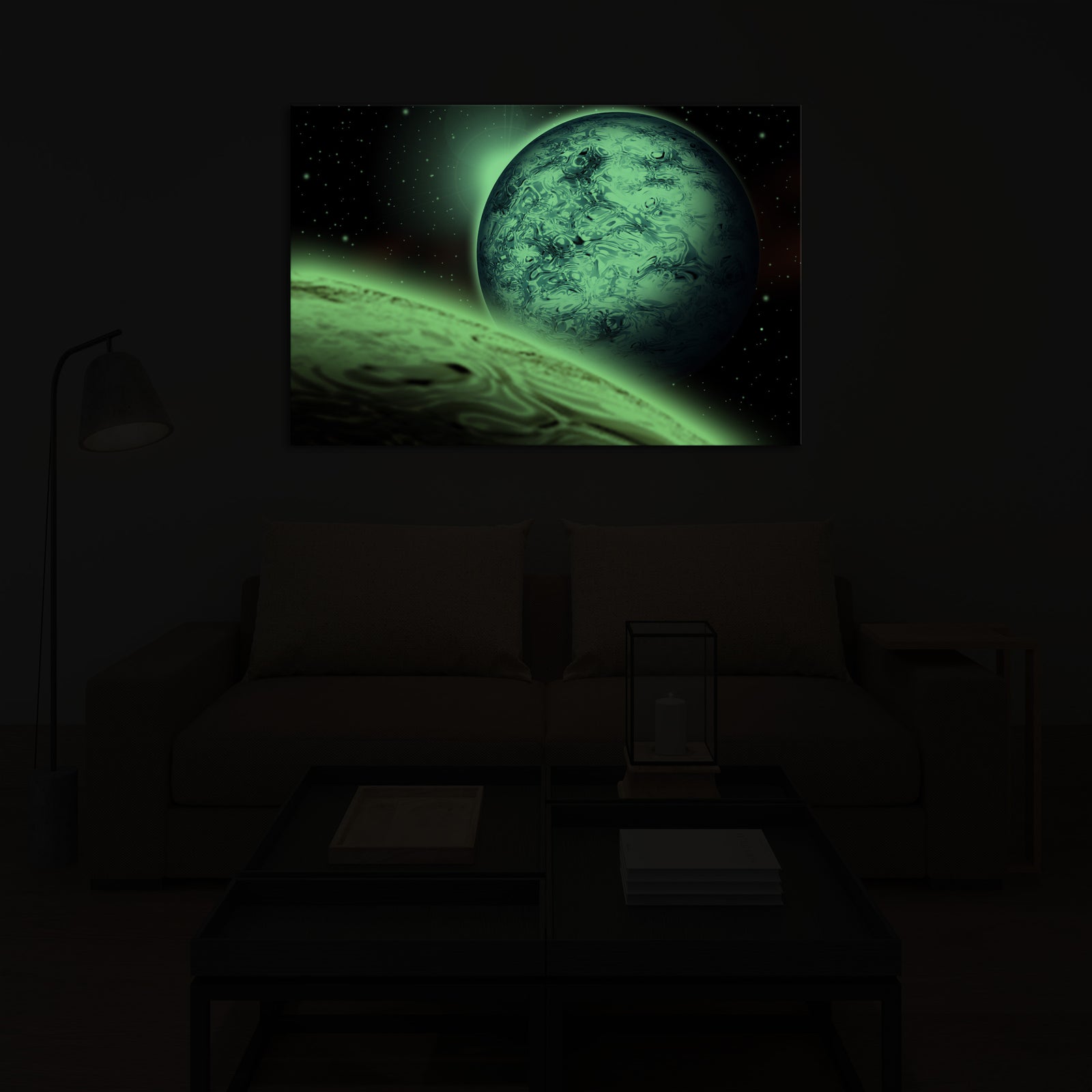 Cosmos No. 001, glowing in a room at night
