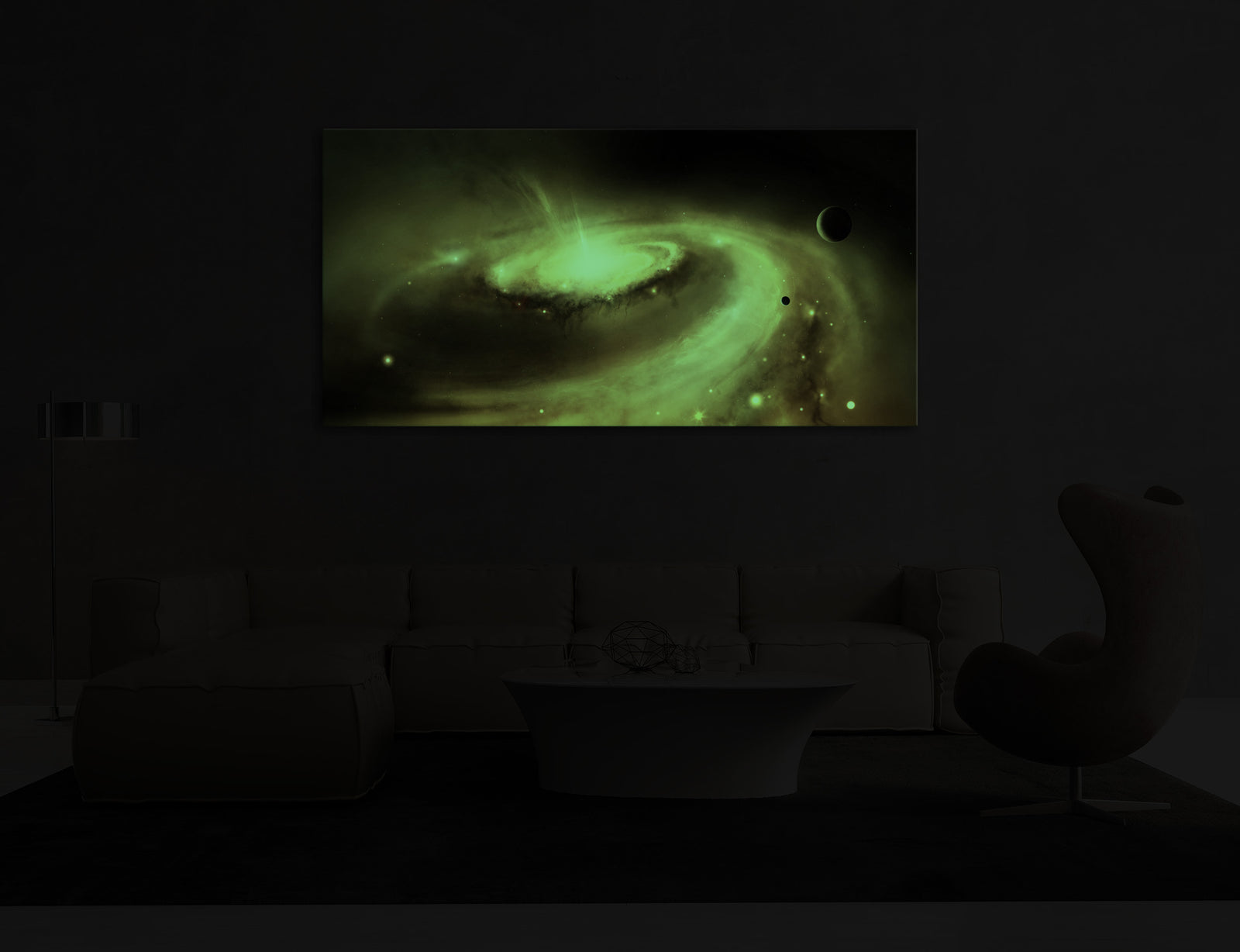 Cosmos No. 002, glowing in a room at night