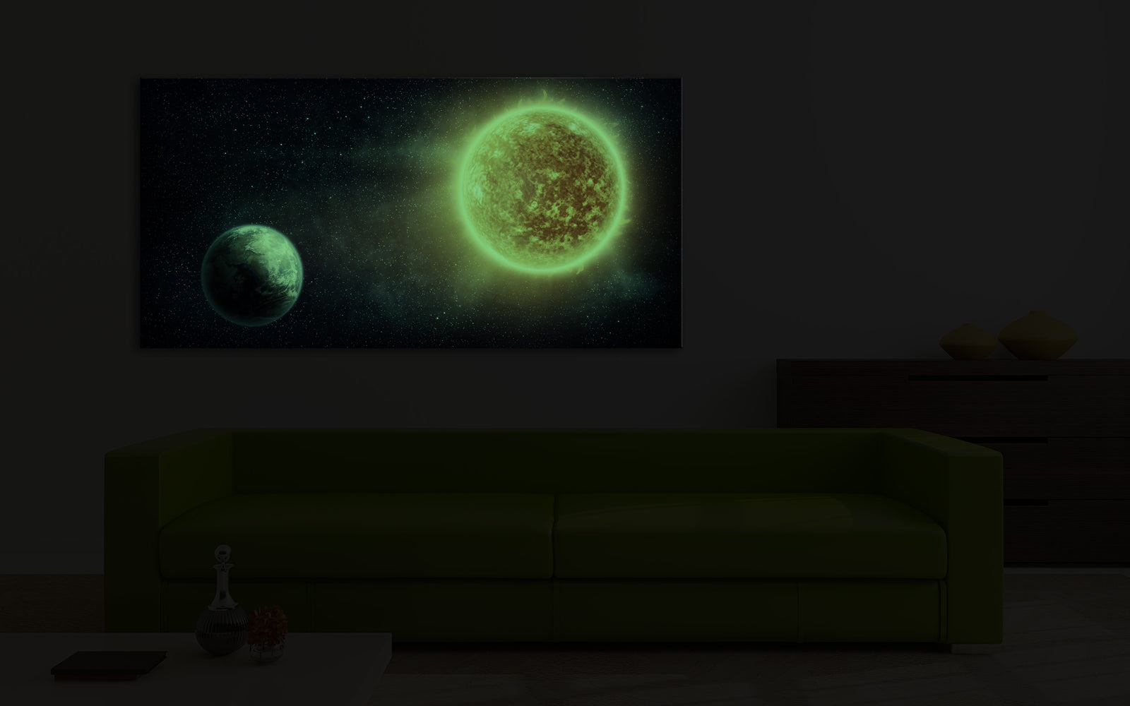 Cosmos No. 003, glowing in a room at night