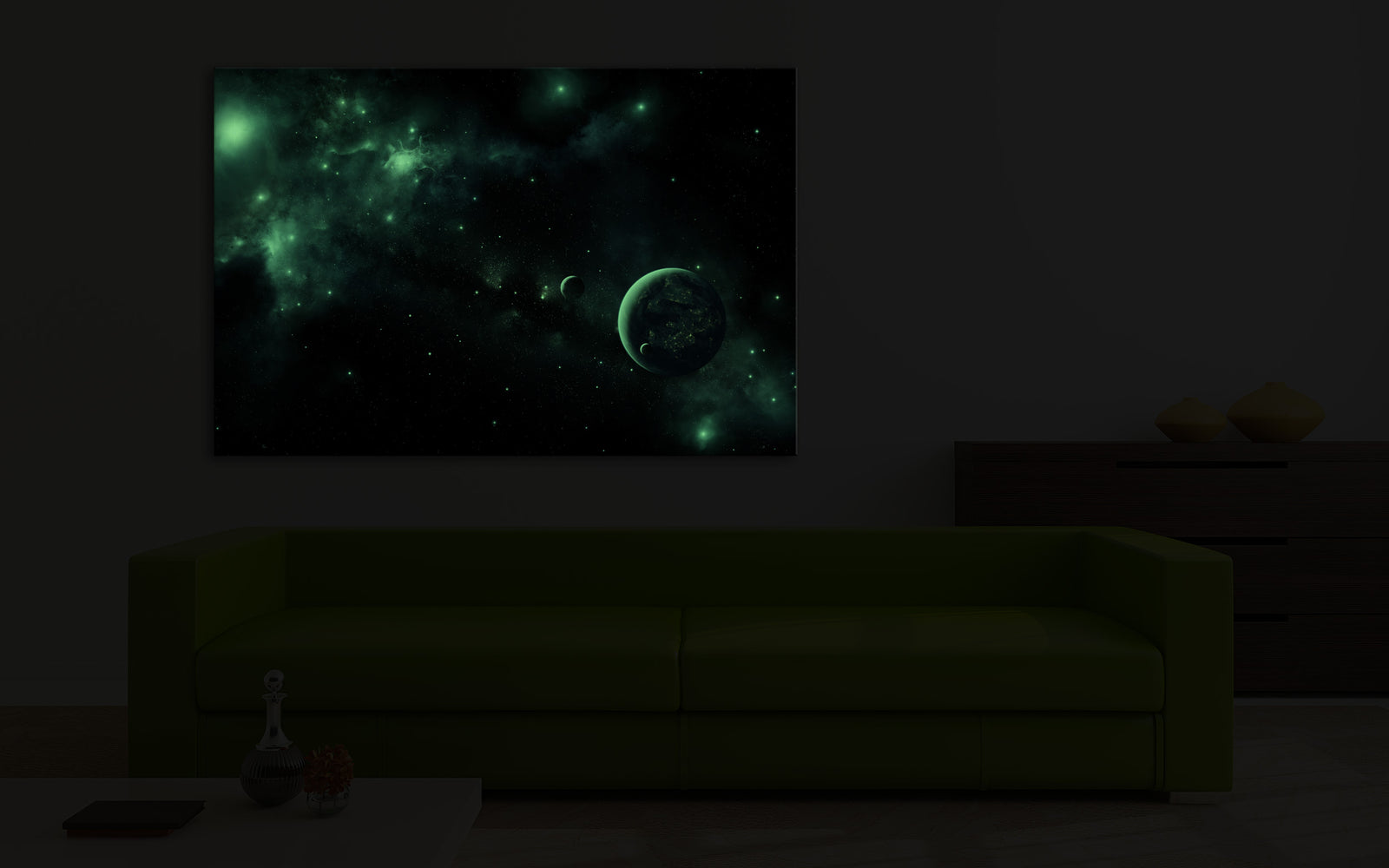 Cosmos No. 005, glowing in a room at night