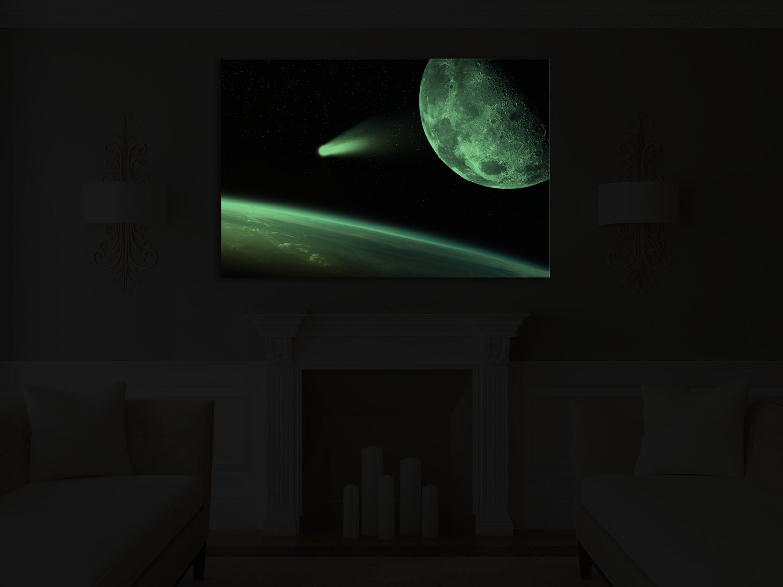 Cosmos No. 007, glowing in a room at night
