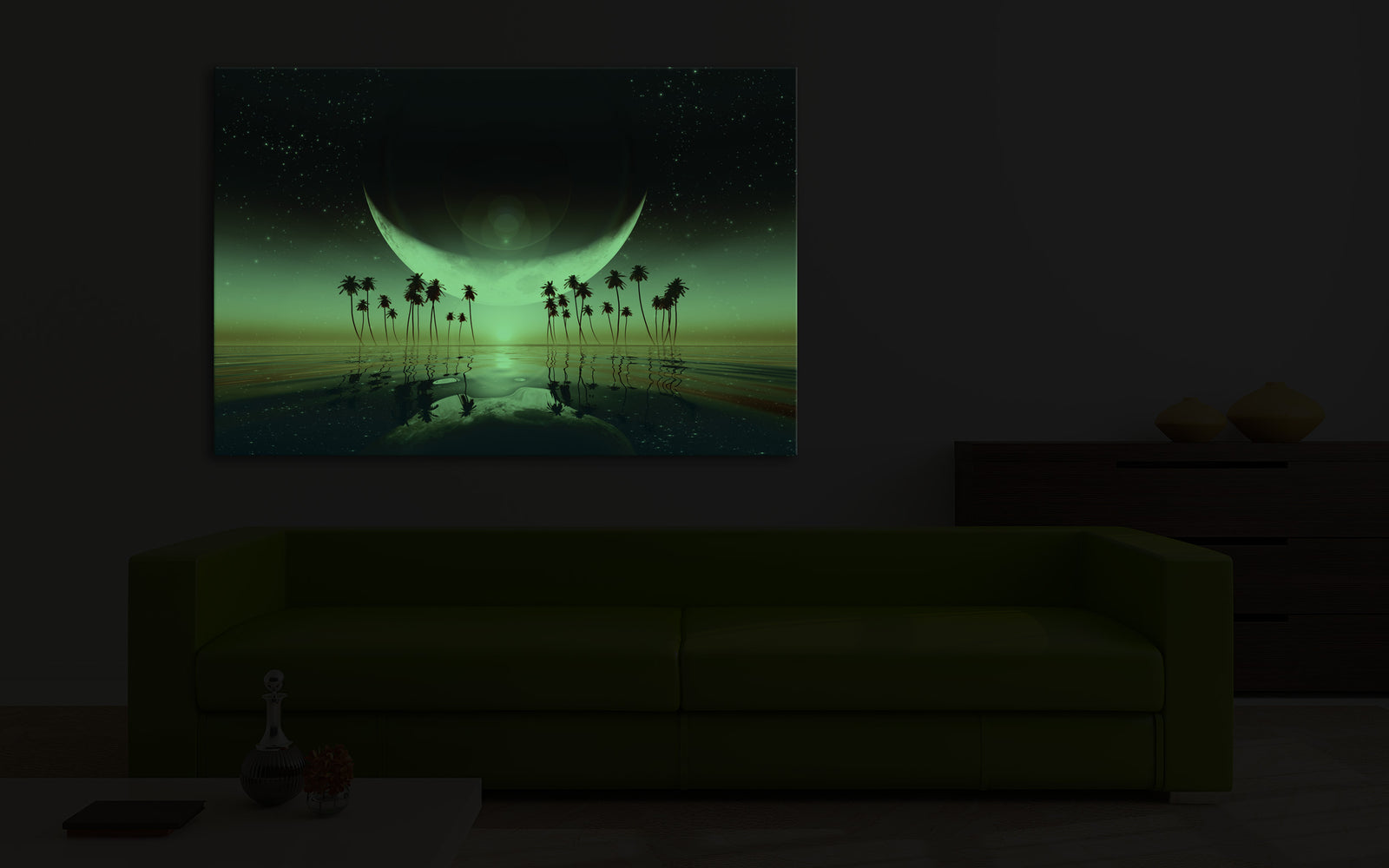 Cosmos No. 009, glowing in a room at night