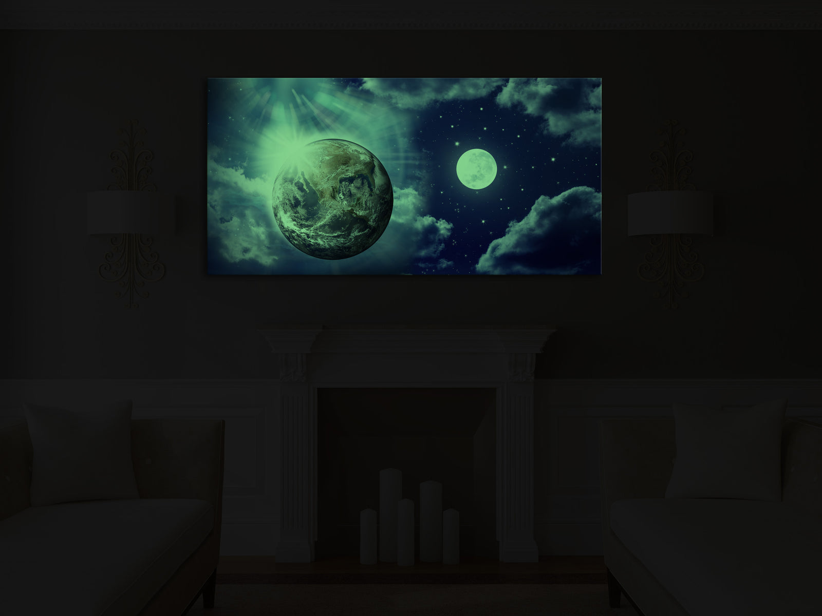 Cosmos No. 010, glowing in a room at night