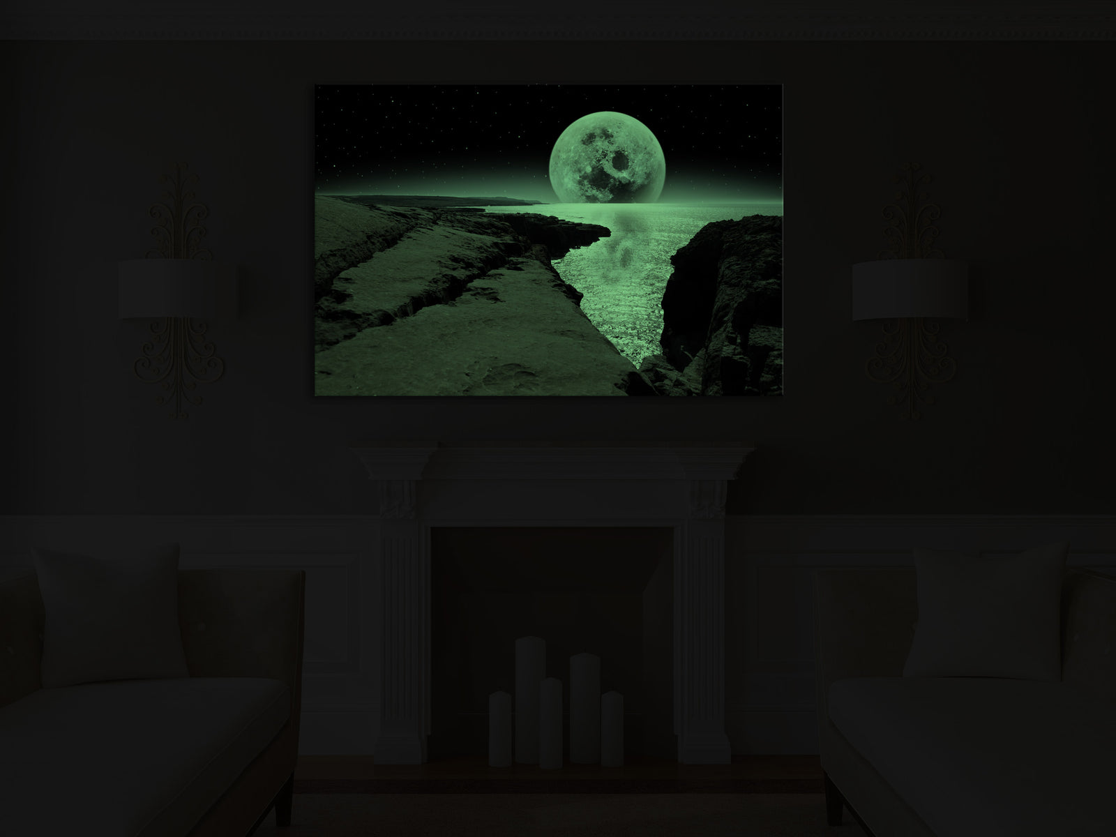 Cosmos No. 012, glowing in a room at night