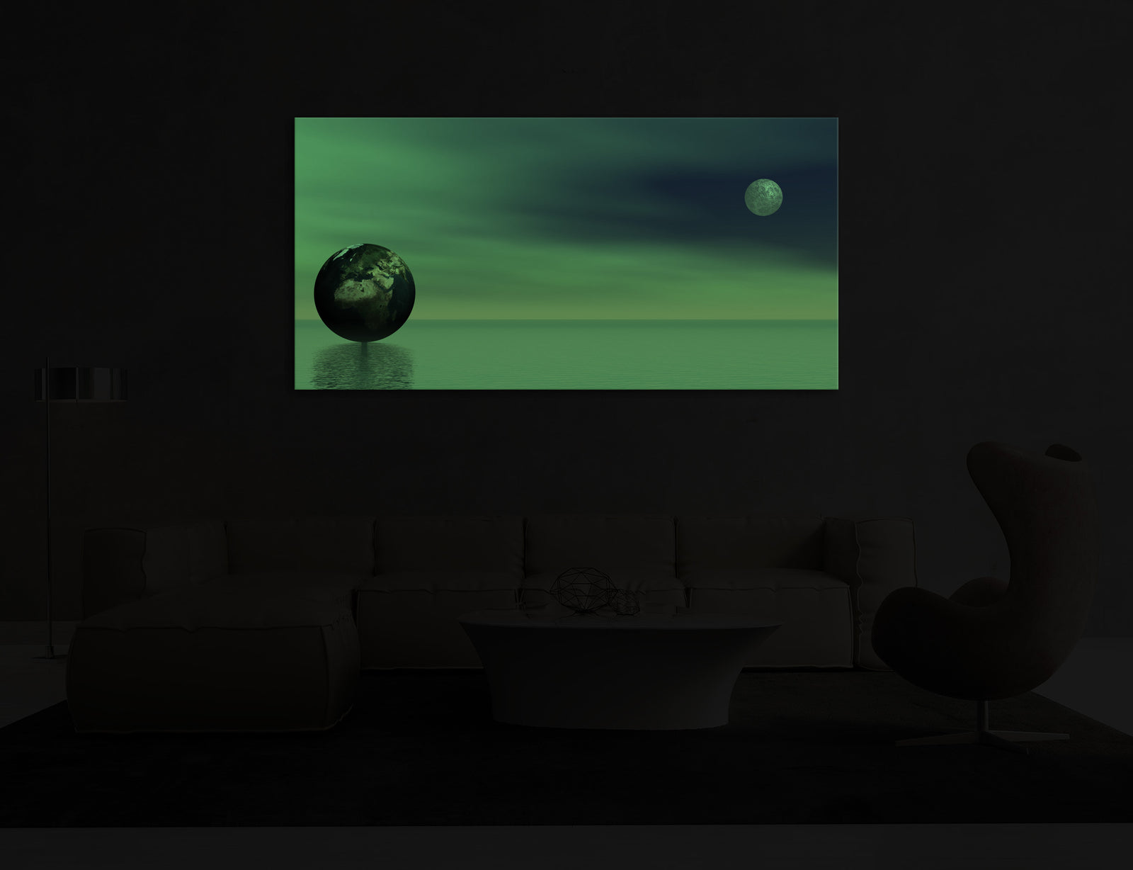 Cosmos No. 013, glowing in a room at night