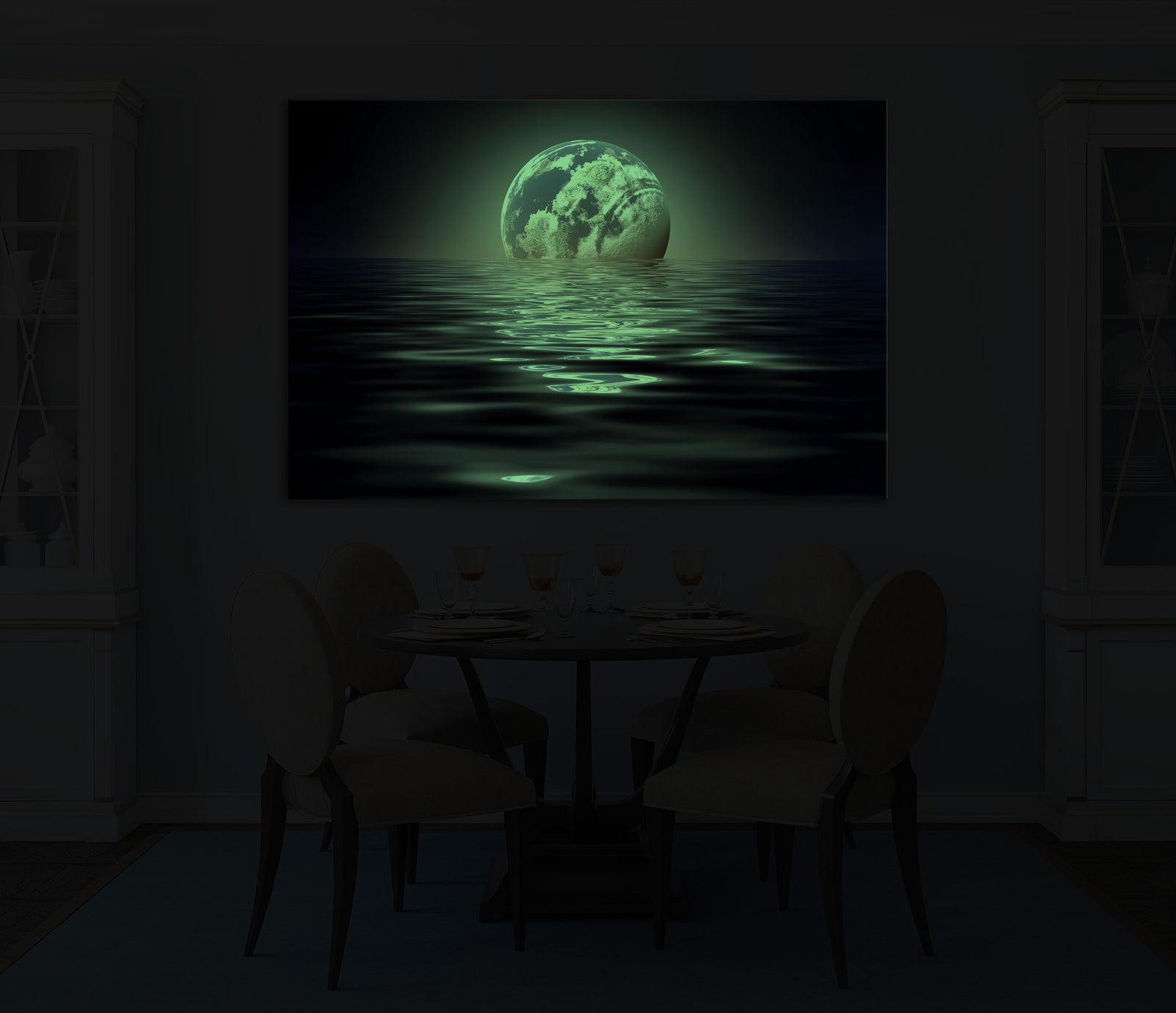 Cosmos No. 014, glowing in a room at night