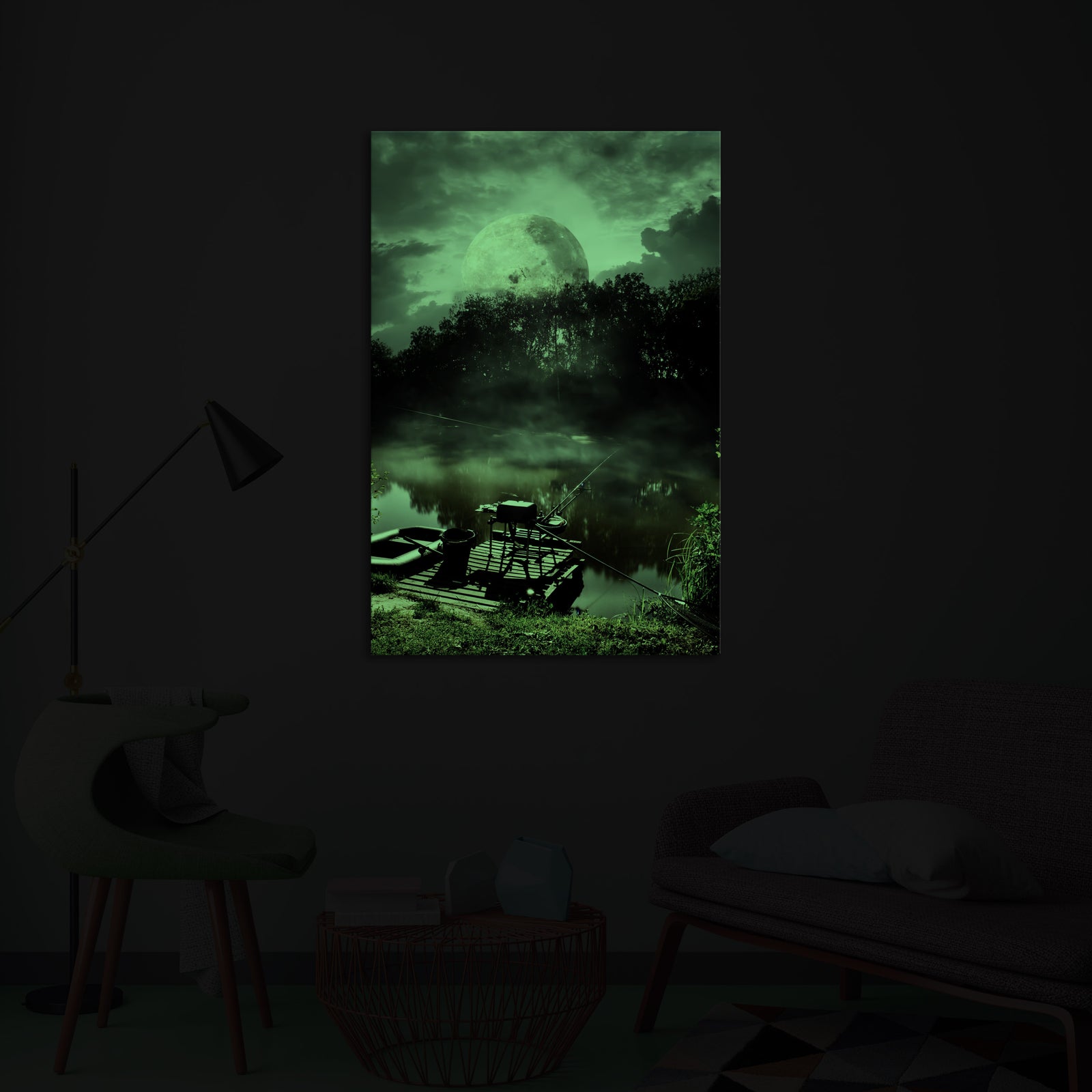 Cosmos No. 018, glowing in a room at night