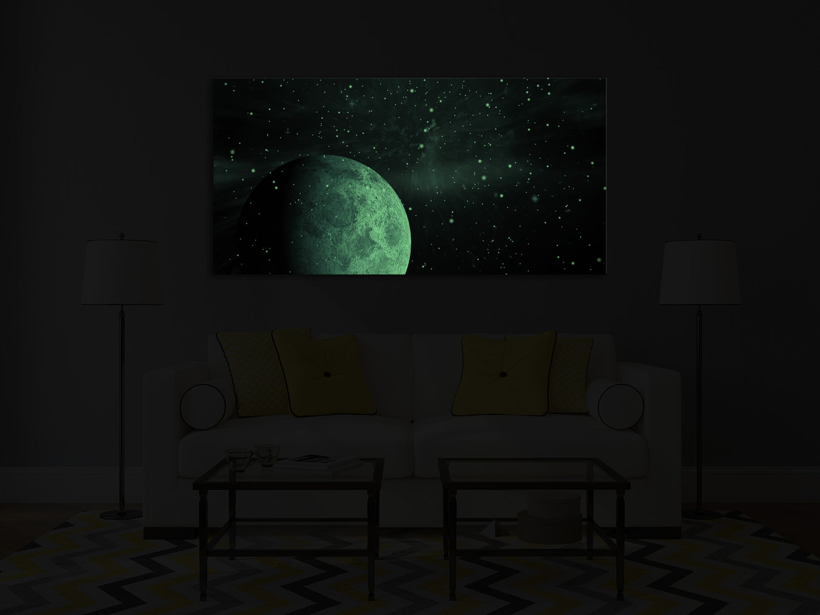 Cosmos No. 022, glowing in a room at night