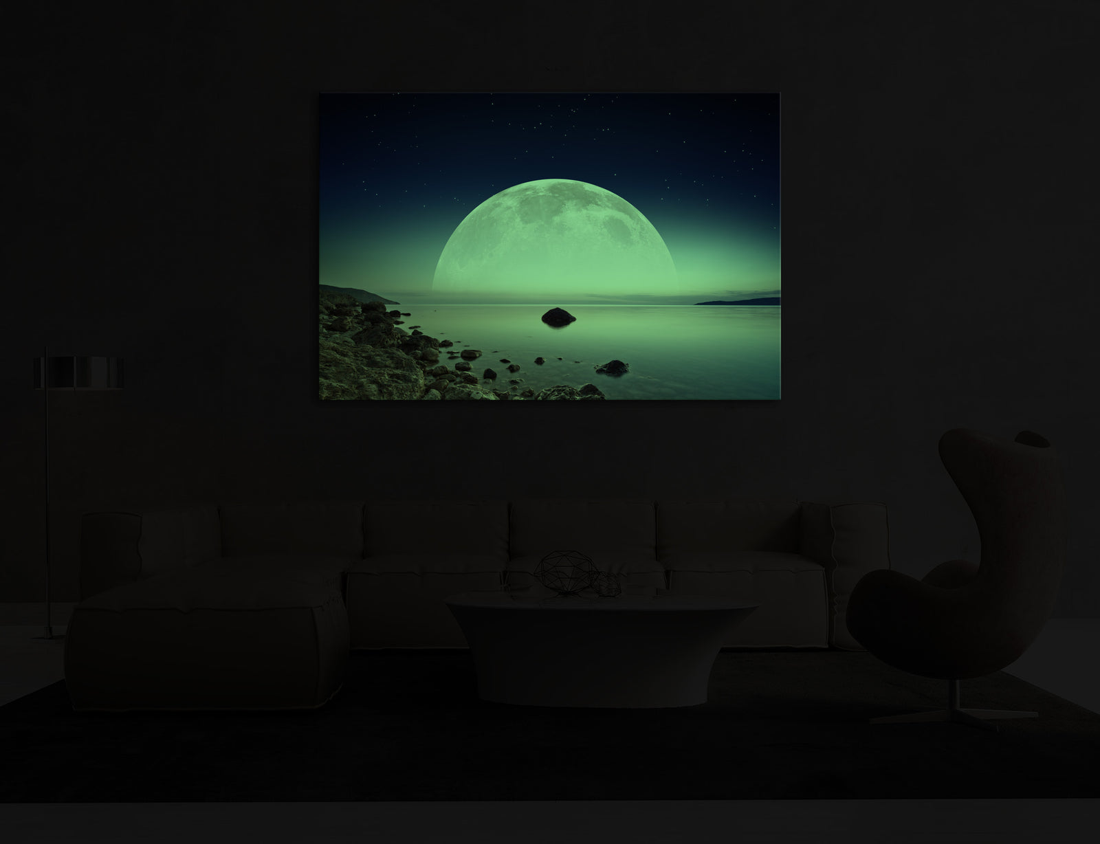 Cosmos No. 026, glowing in a room at night