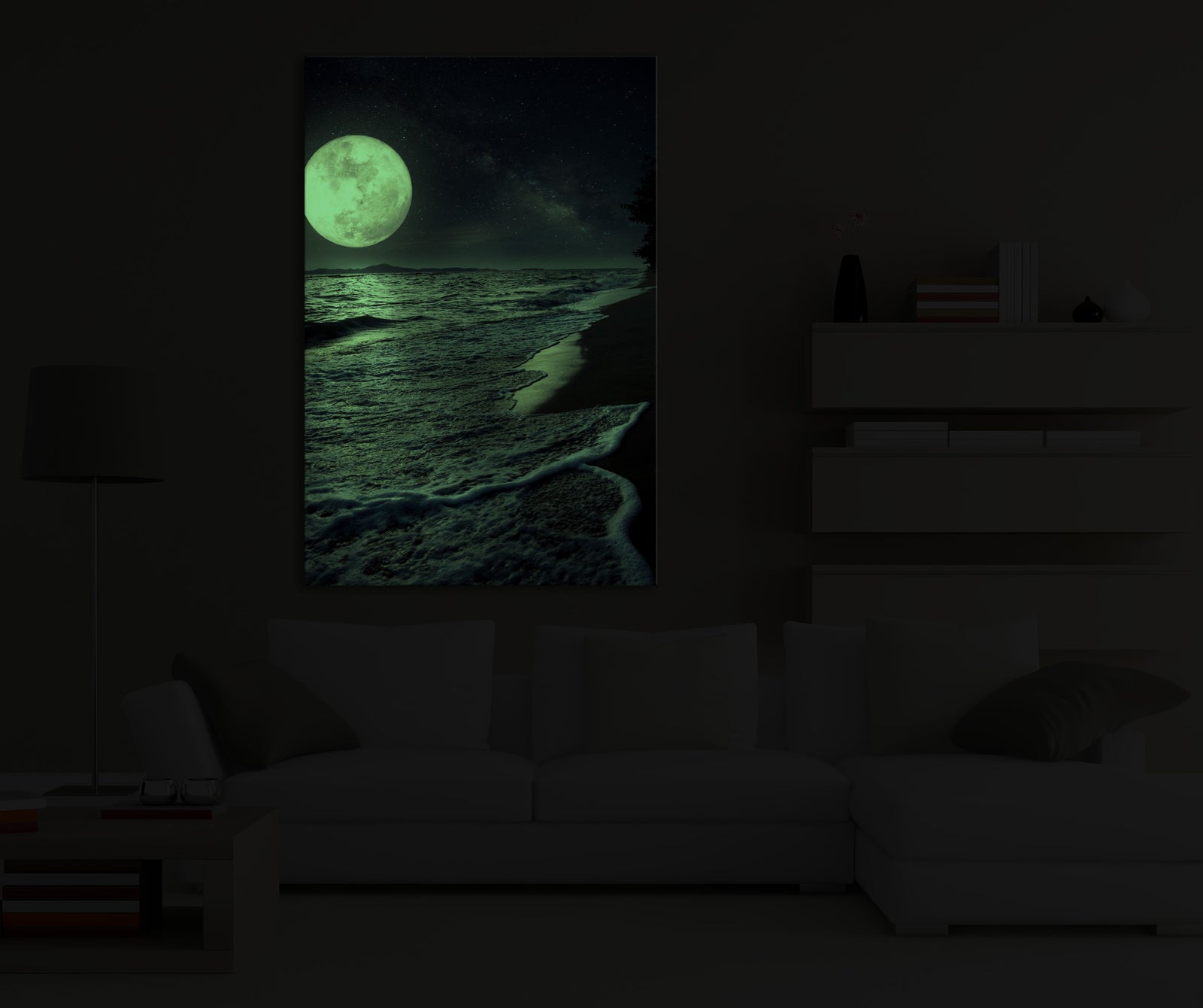 Cosmos No. 028, glowing in a room at night