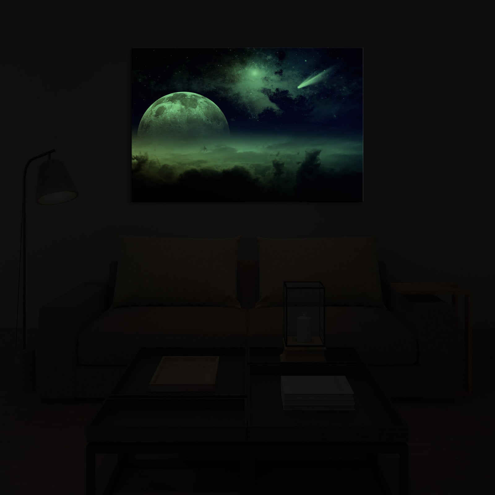 Cosmos No. 029, glowing in a room at night
