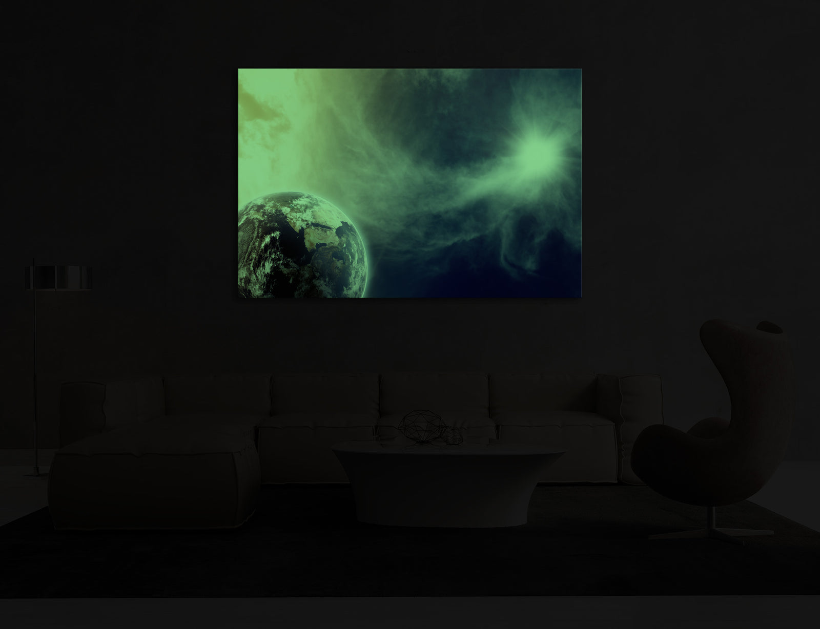 Cosmos No. 036, glowing in a room at night
