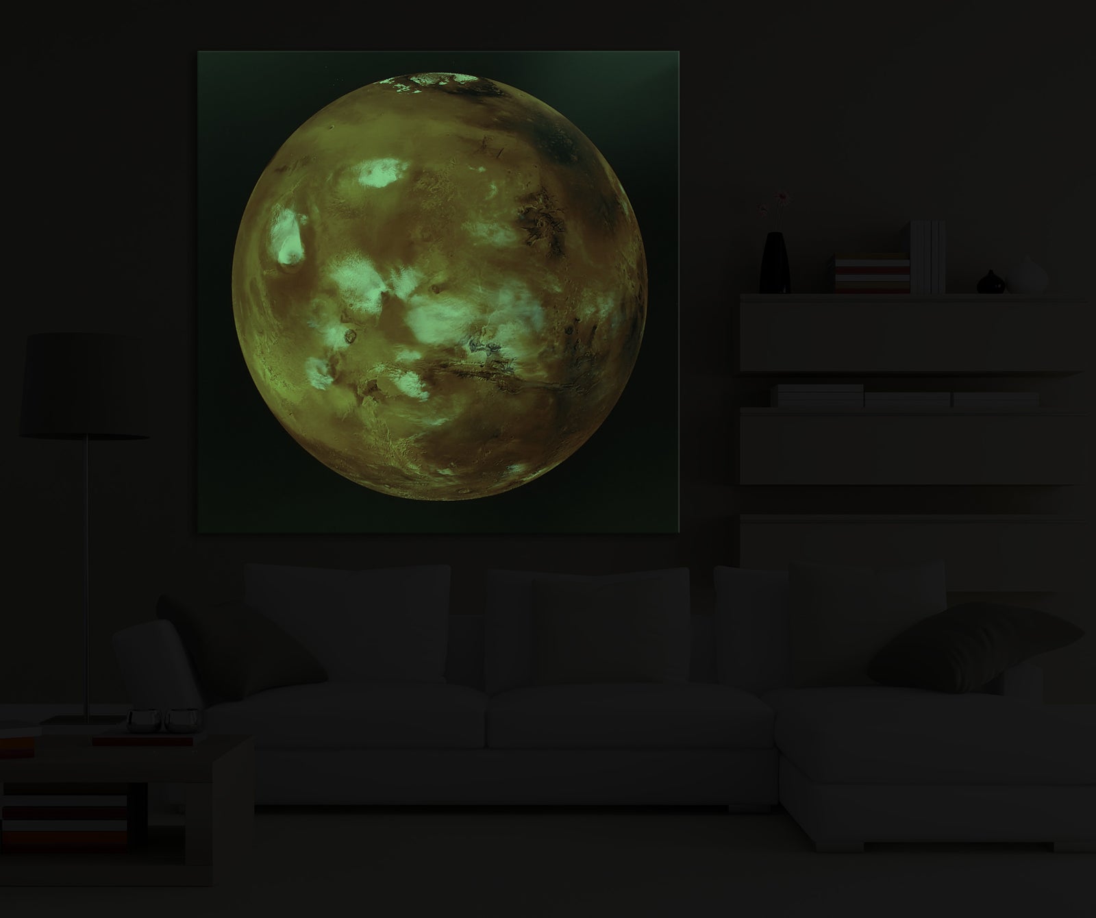 Cosmos No. 039, glowing in a room at night