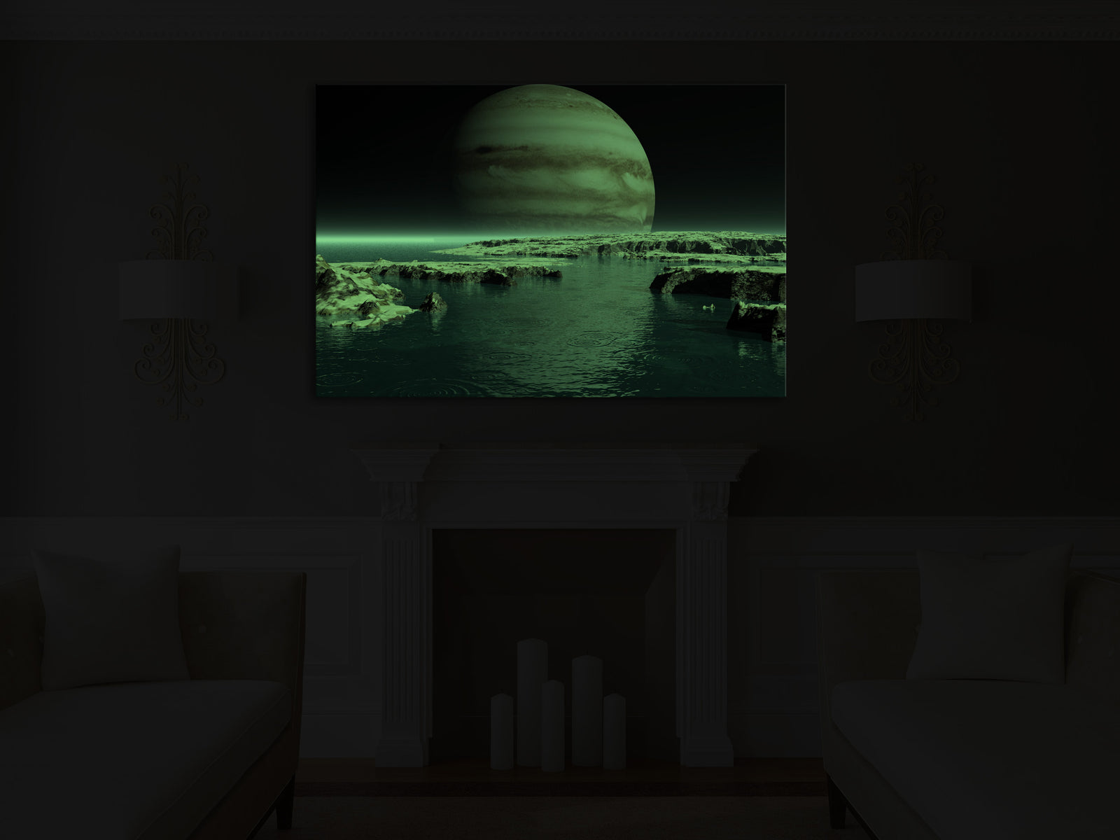 Cosmos No. 040, glowing in a room at night