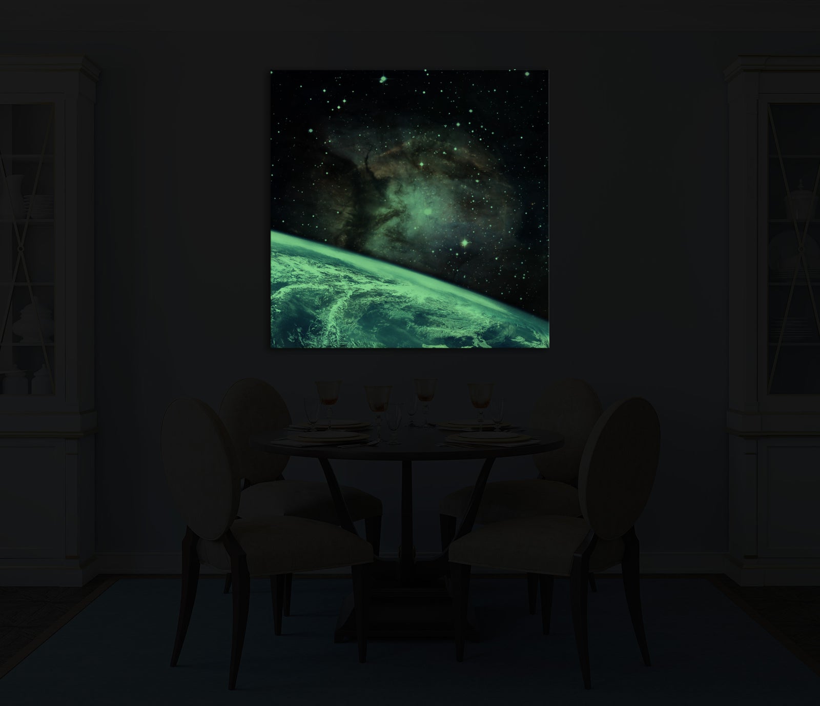 Cosmos No. 042, glowing in a room at night