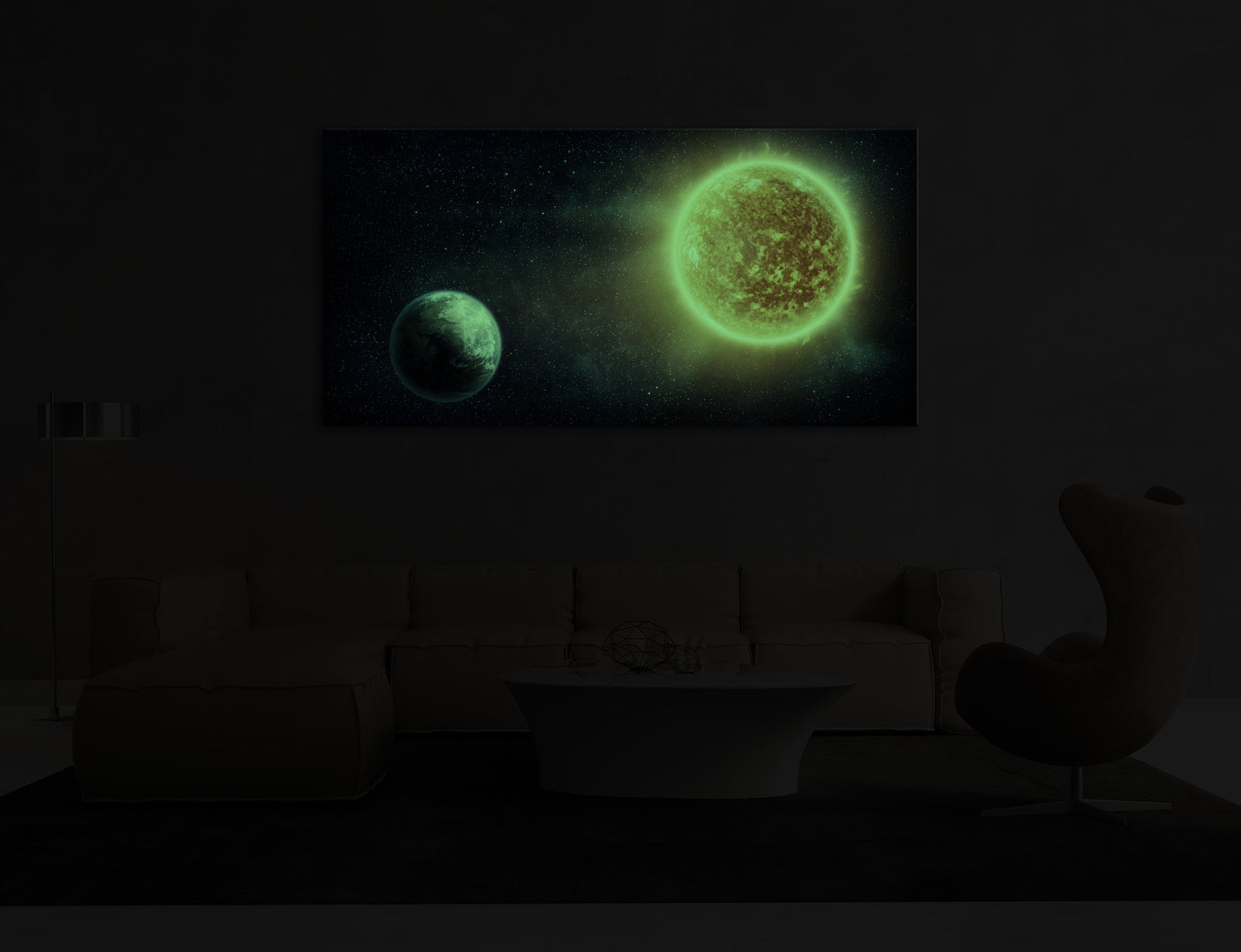 Cosmos No. 043, glowing in a room at night