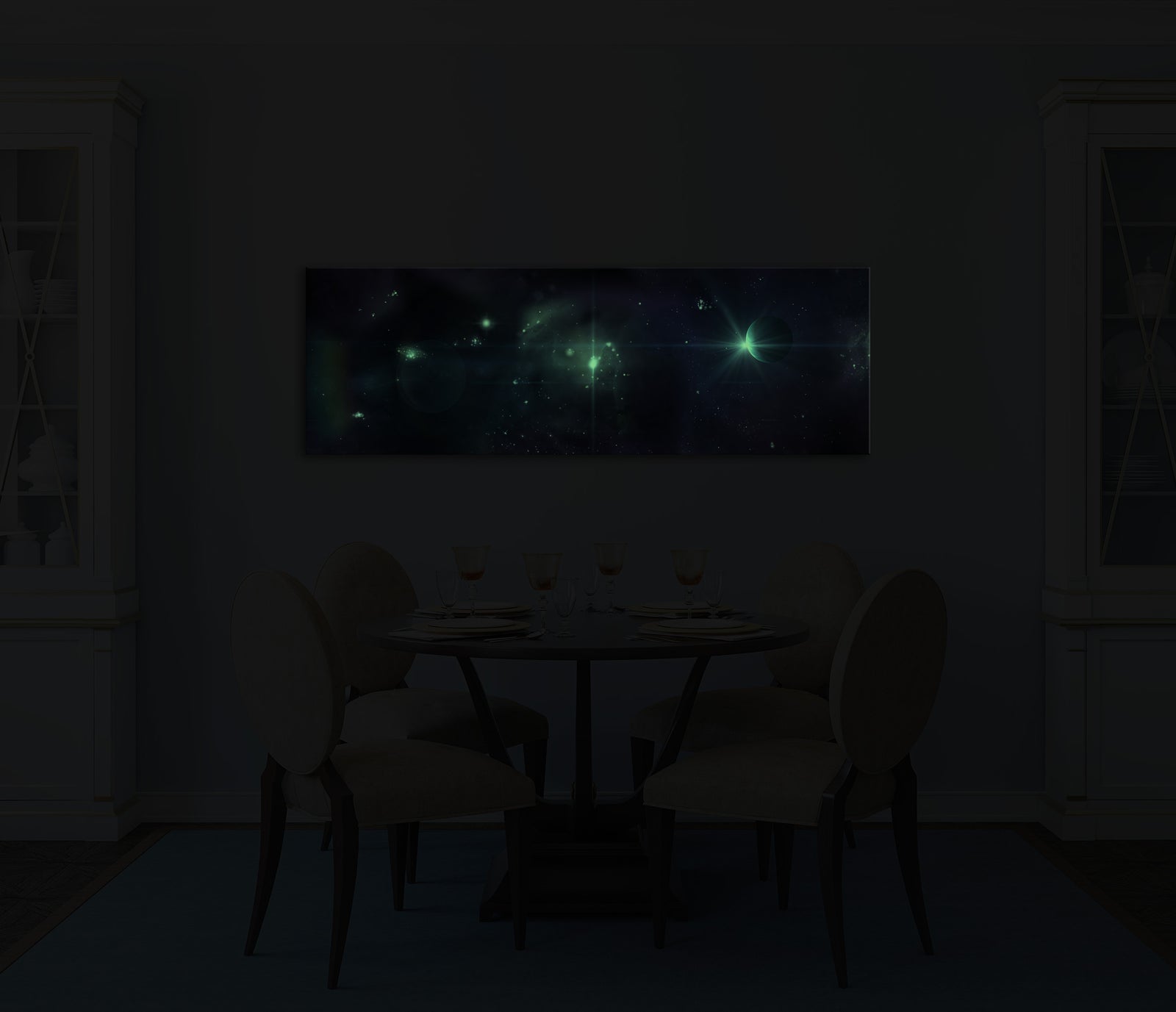 Cosmos No. 045, glowing in a room at night