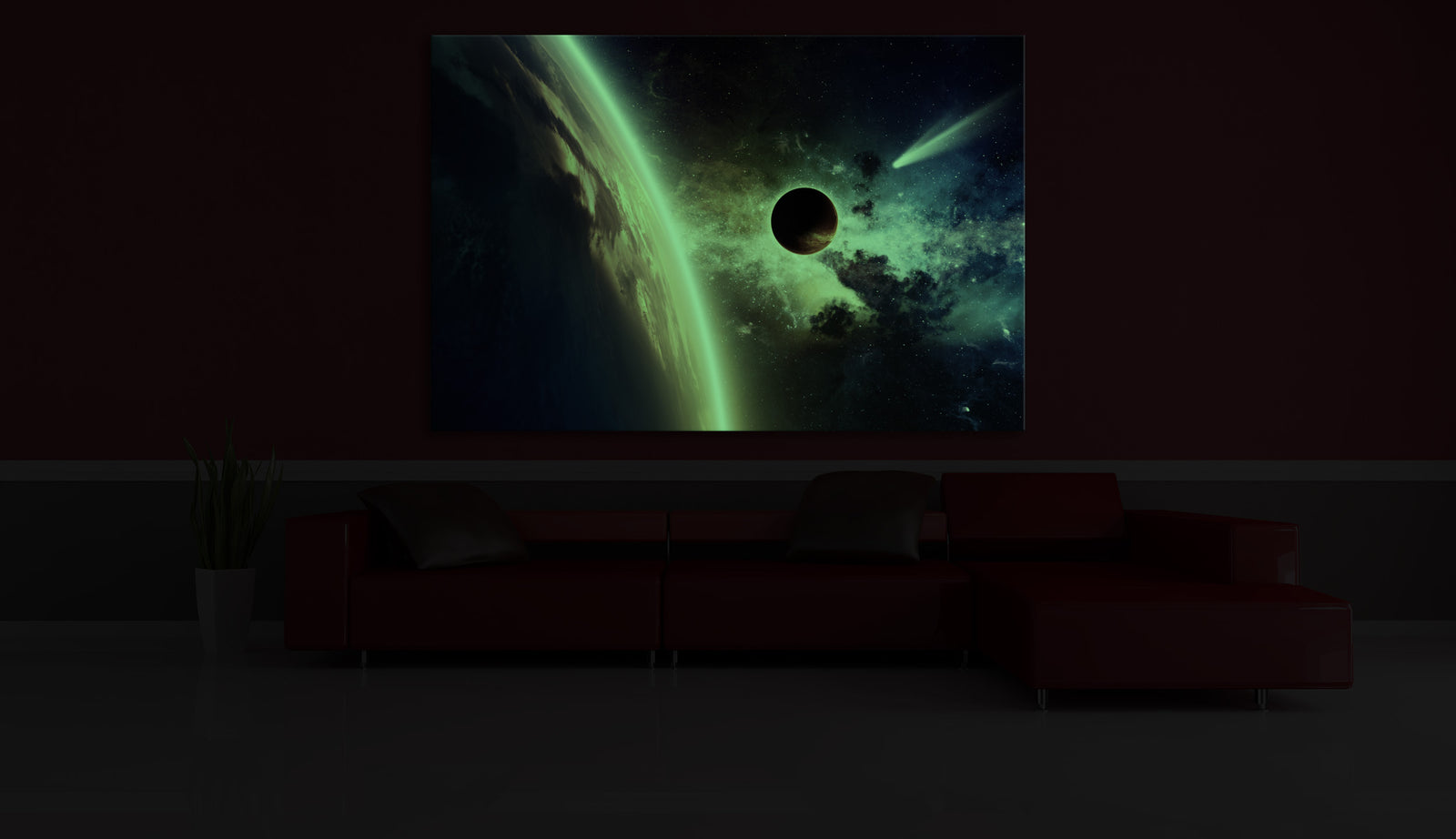 Cosmos No. 049, glowing in a room at night