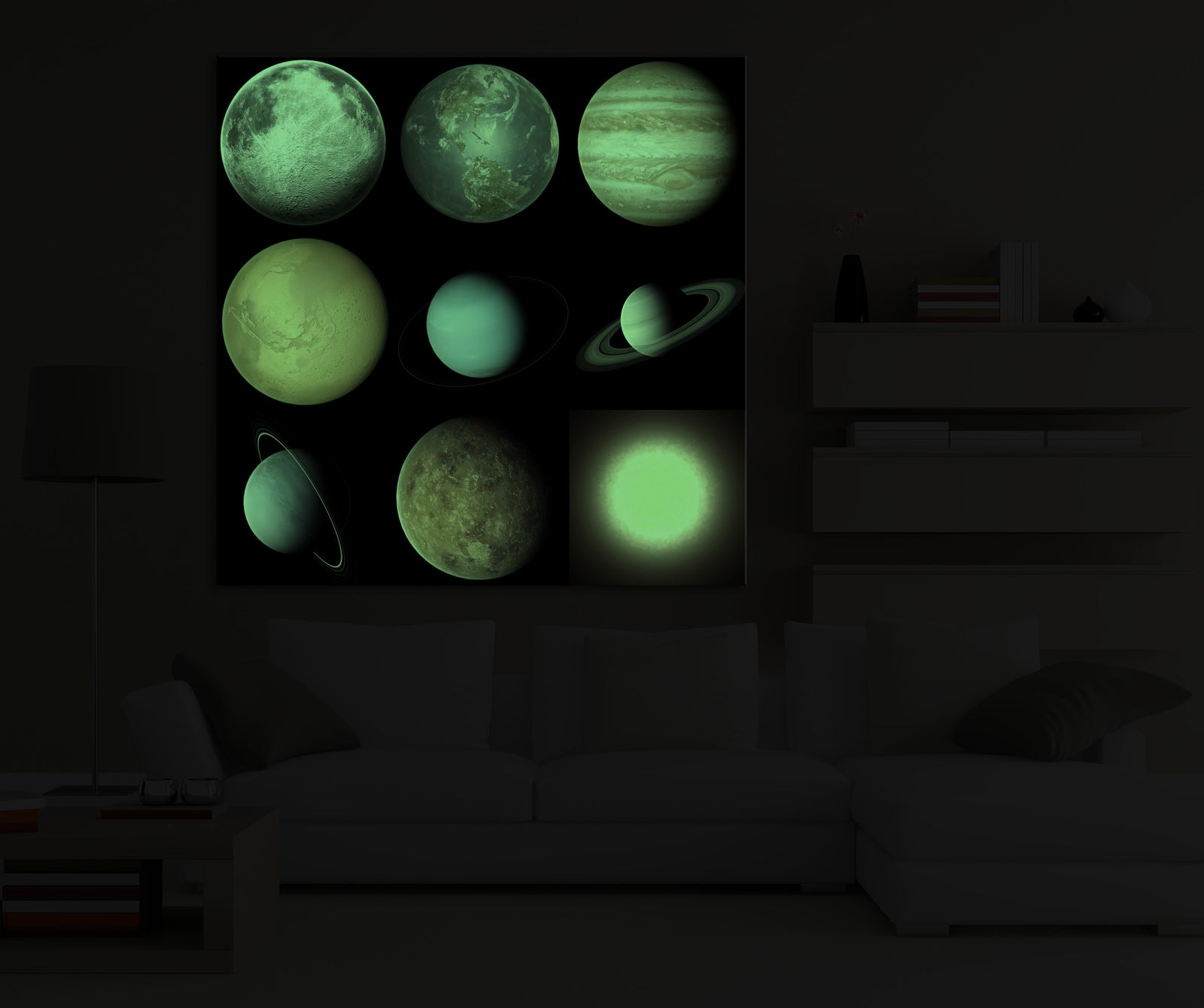 Cosmos No. 050, glowing in a room at night
