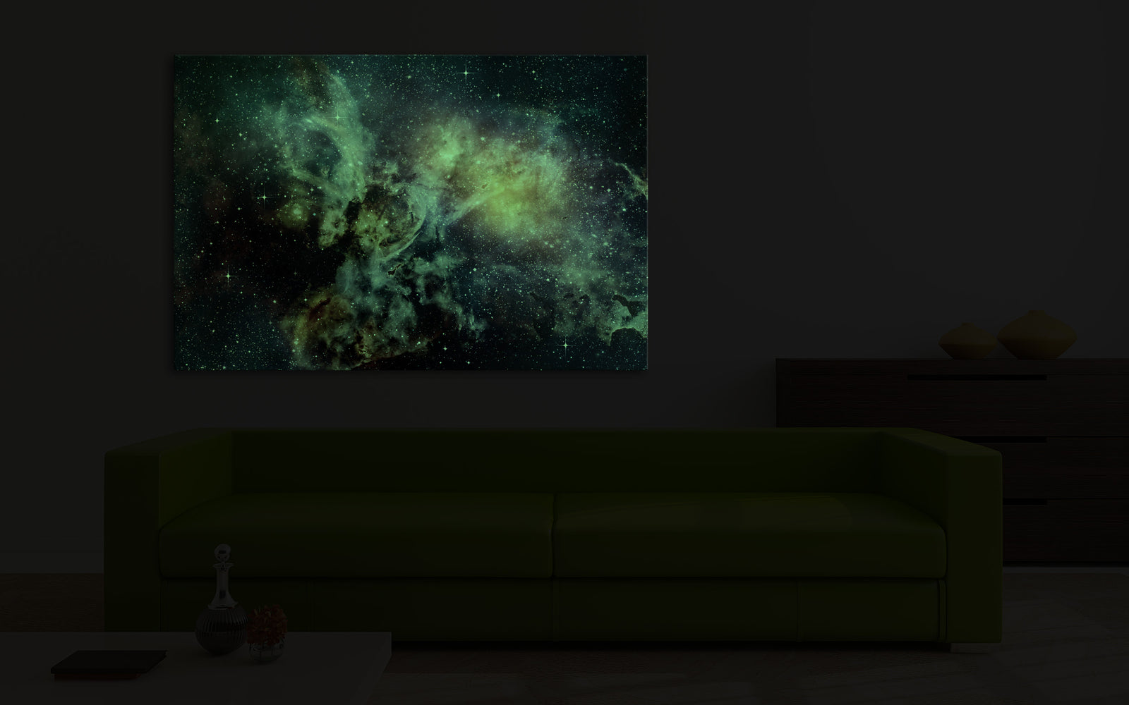 Cosmos No. 054, glowing in a room at night