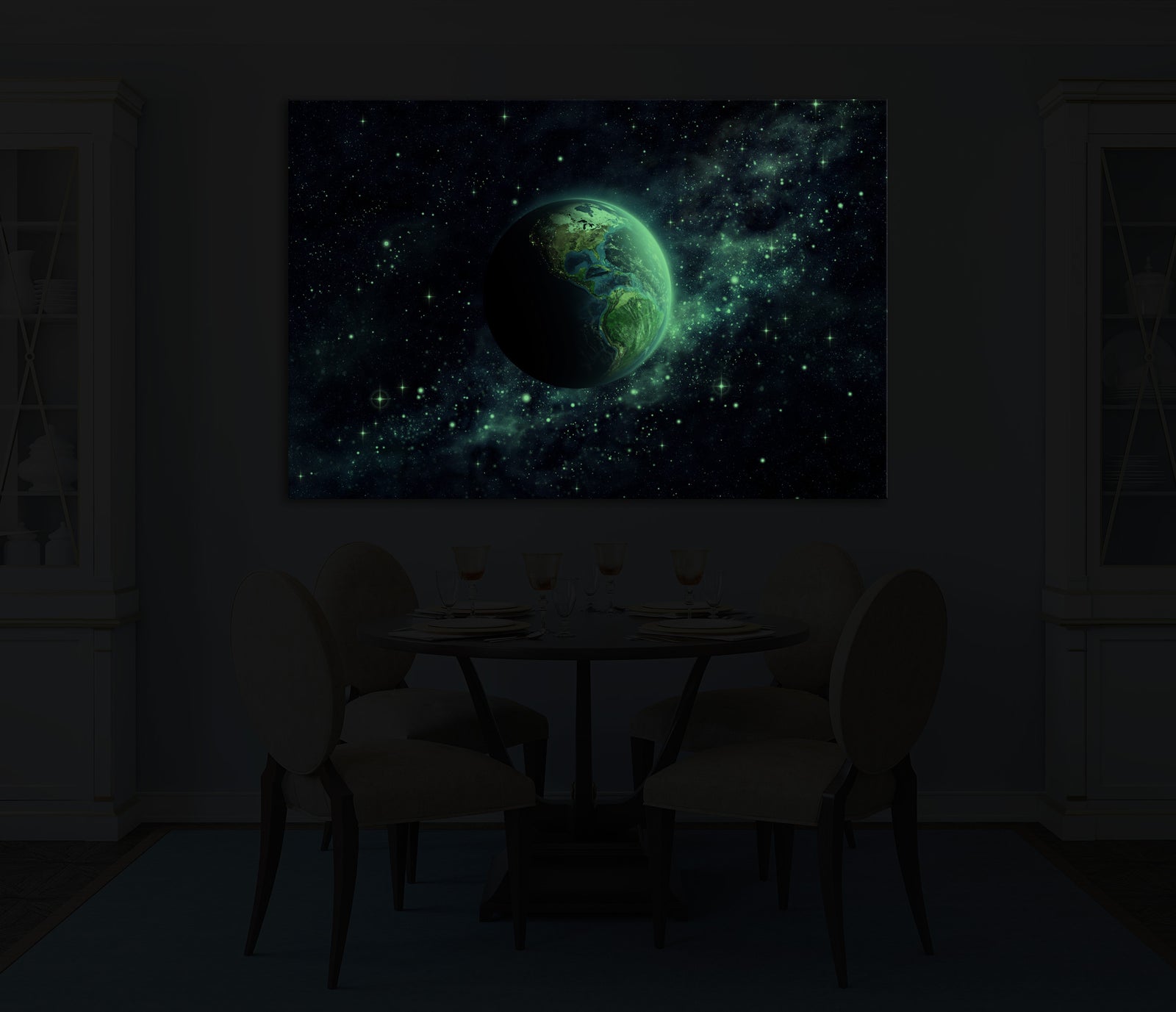Cosmos No. 056, glowing in a room at night