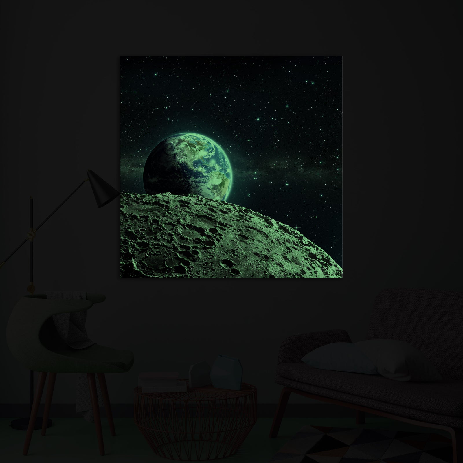 Cosmos No. 061, glowing in a room at night