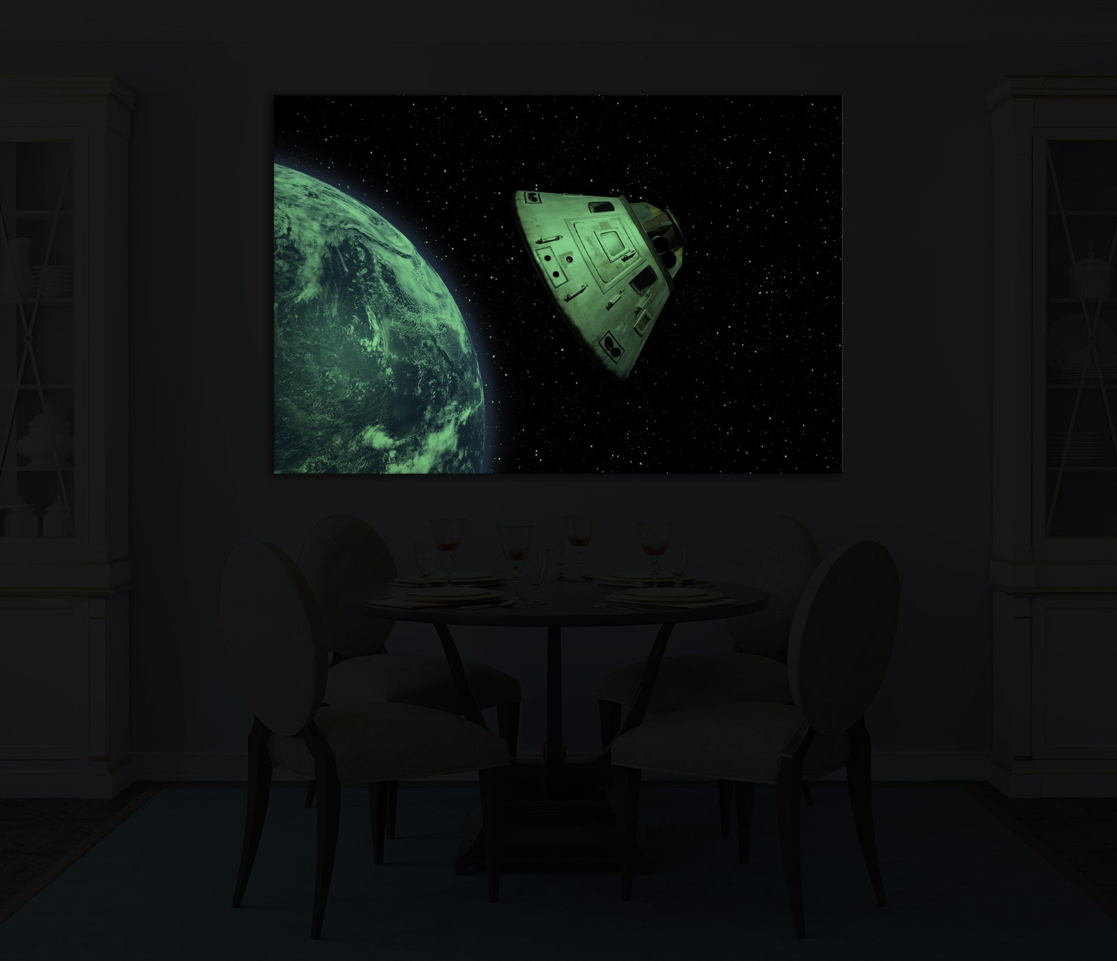 Cosmos No. 064, glowing in a room at night