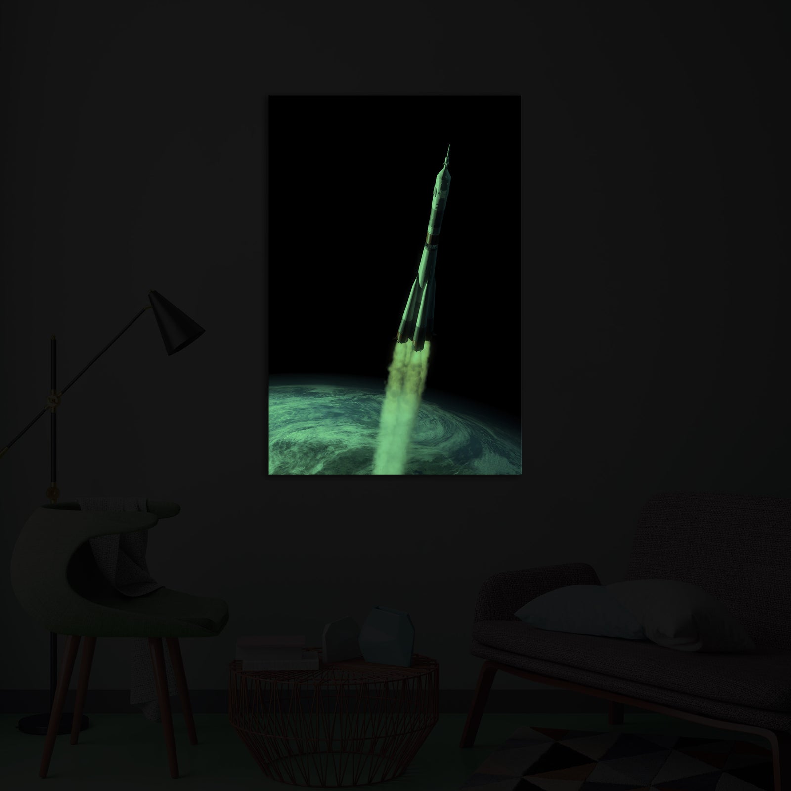 Cosmos No. 067, glowing in a room at night