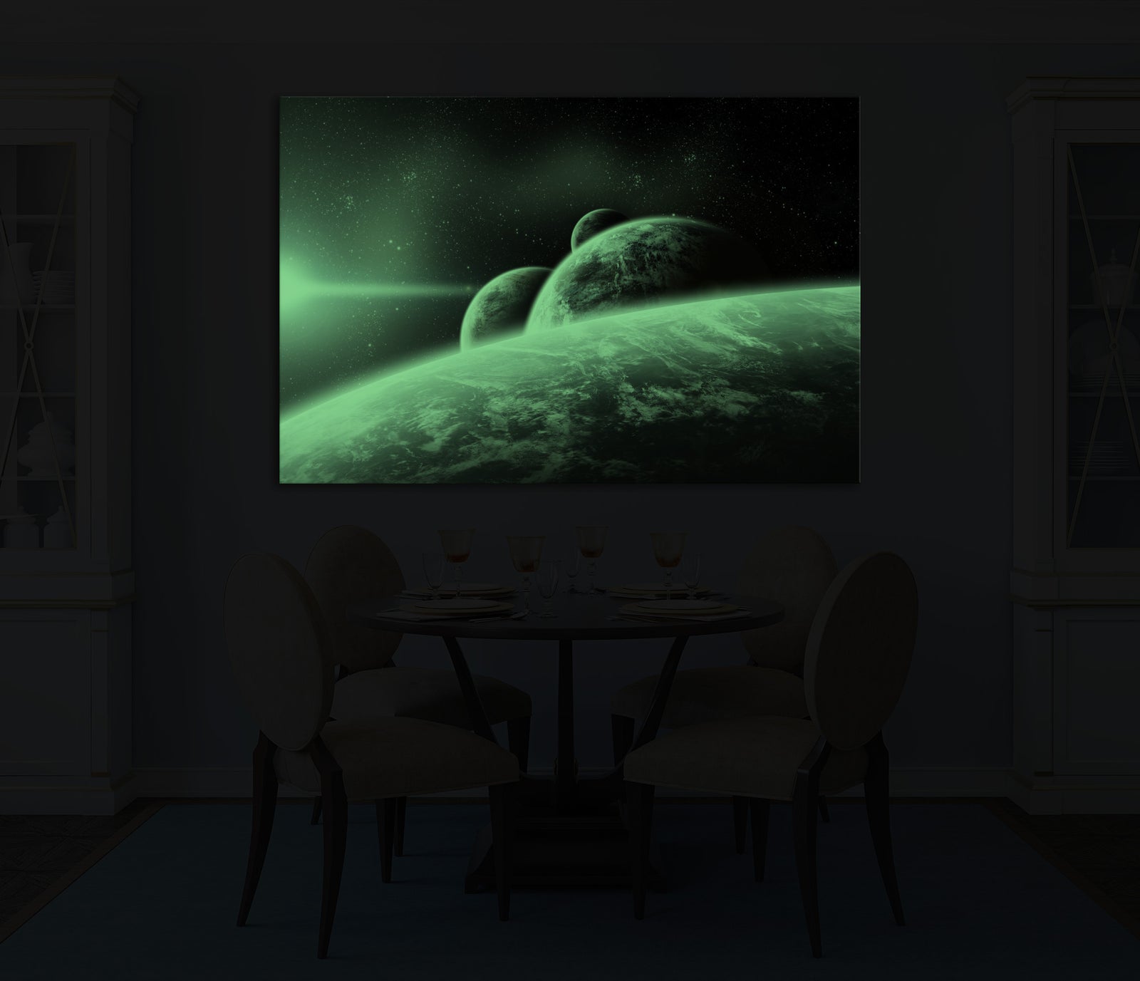 Cosmos No. 071, glowing in a room at night