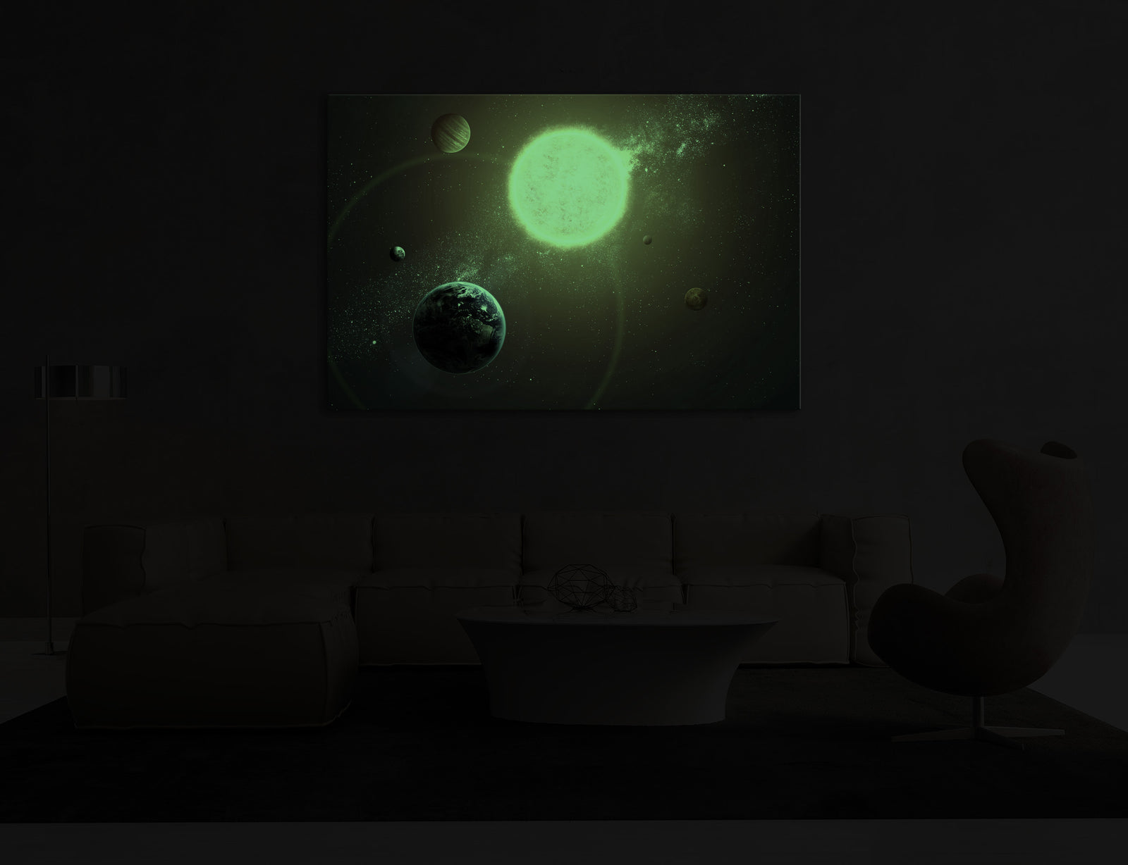 Cosmos No. 075, glowing in a room at night