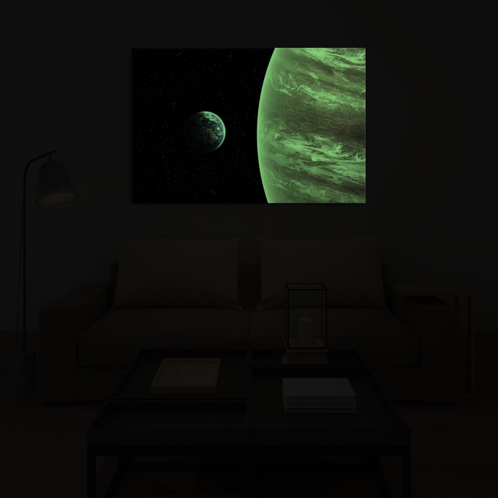 Cosmos No. 077, glowing in a room at night
