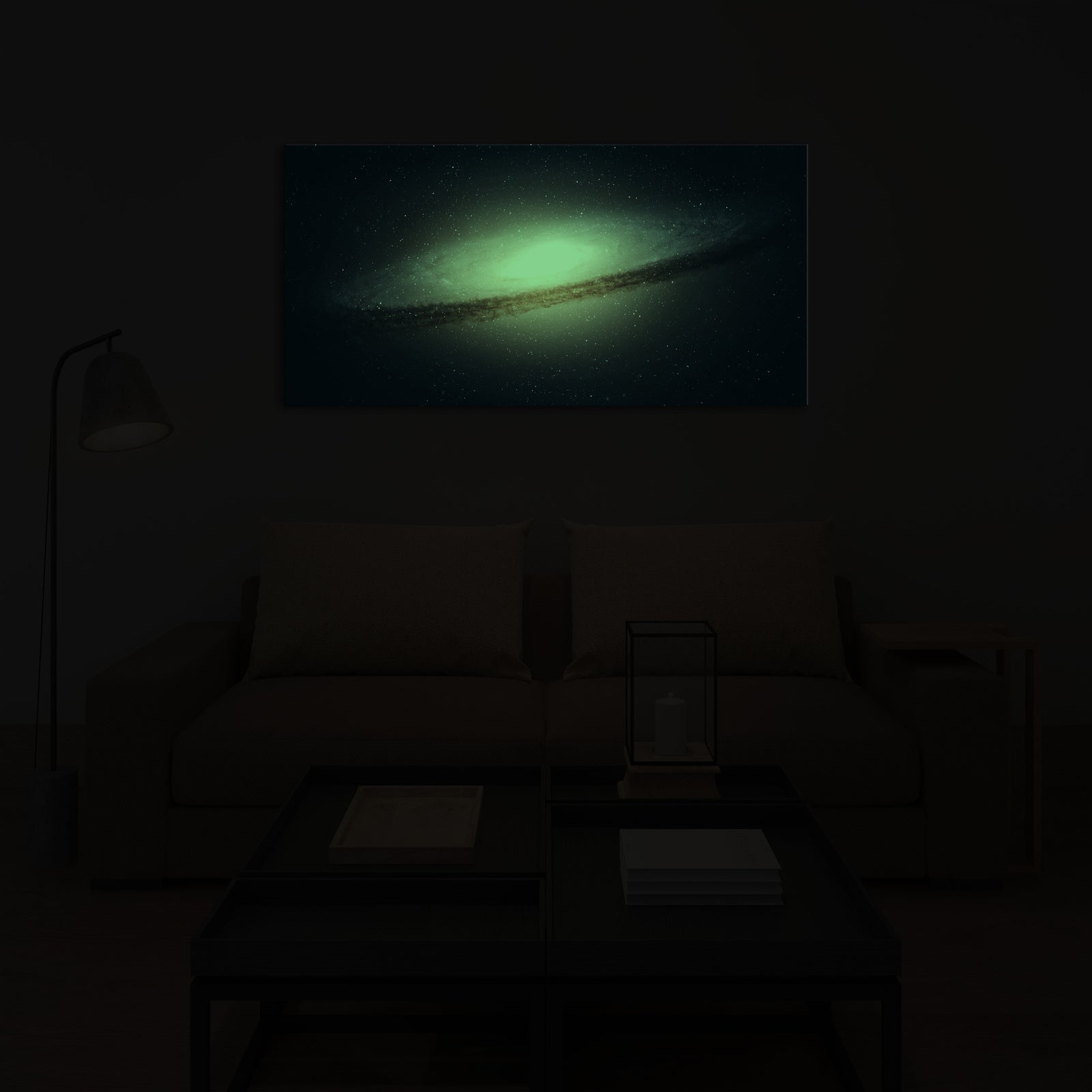 Cosmos No. 081, glowing in a room at night