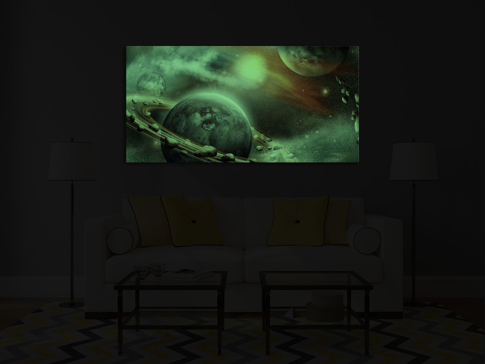 Cosmos No. 084, glowing in a room at night
