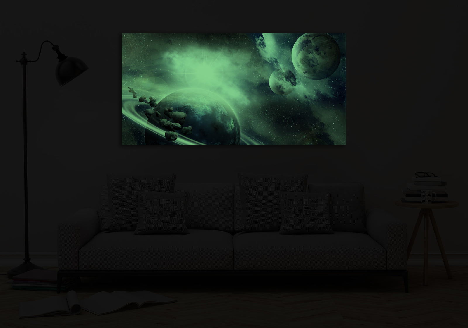 Cosmos No. 085, glowing in a room at night