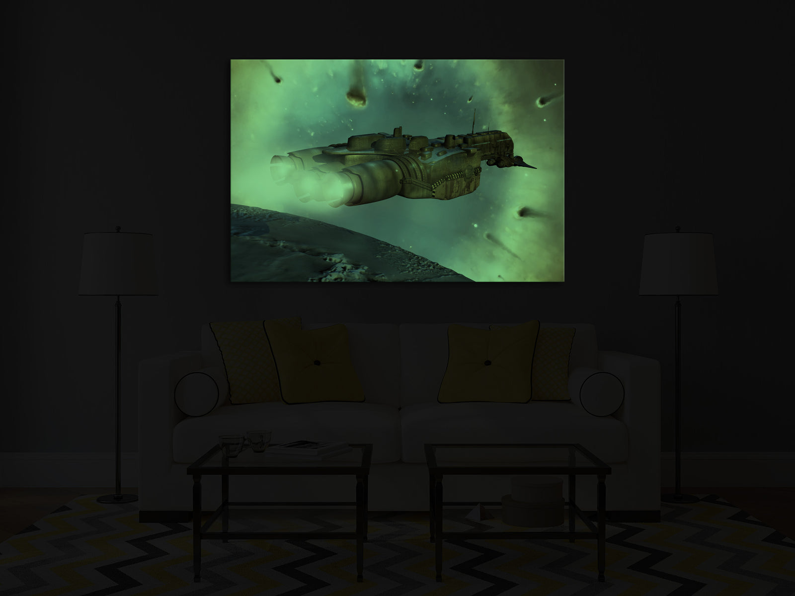 Cosmos No. 086, glowing in a room at night