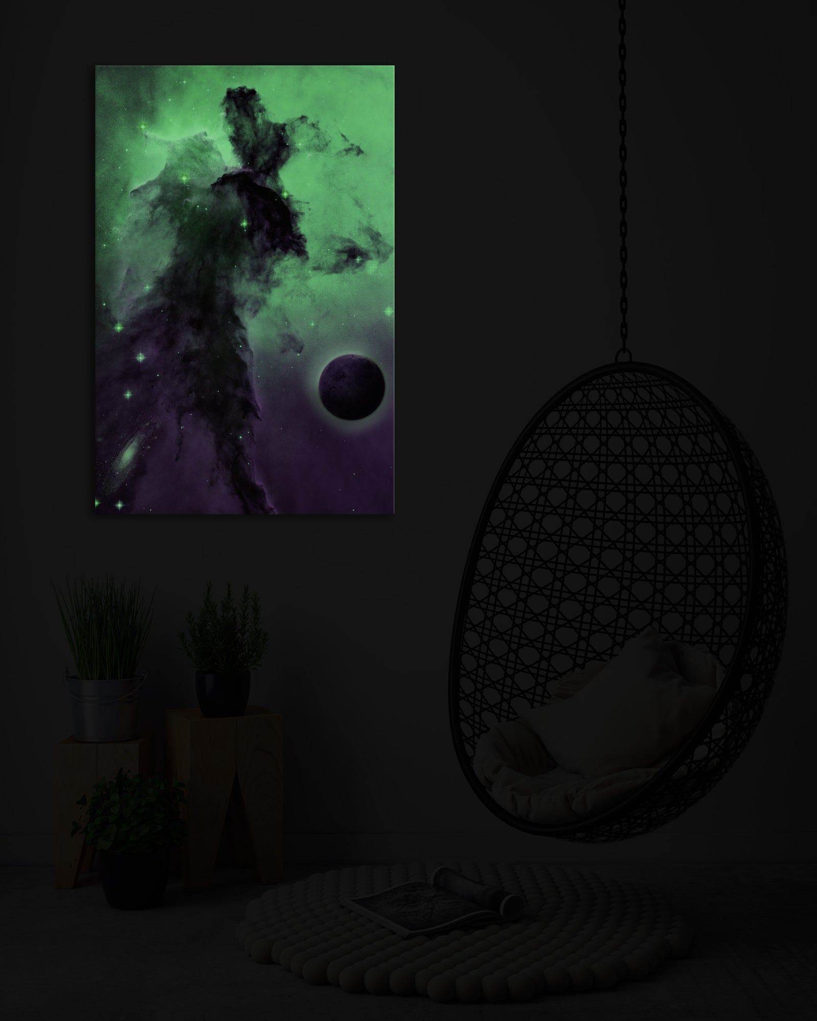 Cosmos No. 087, glowing in a room at night