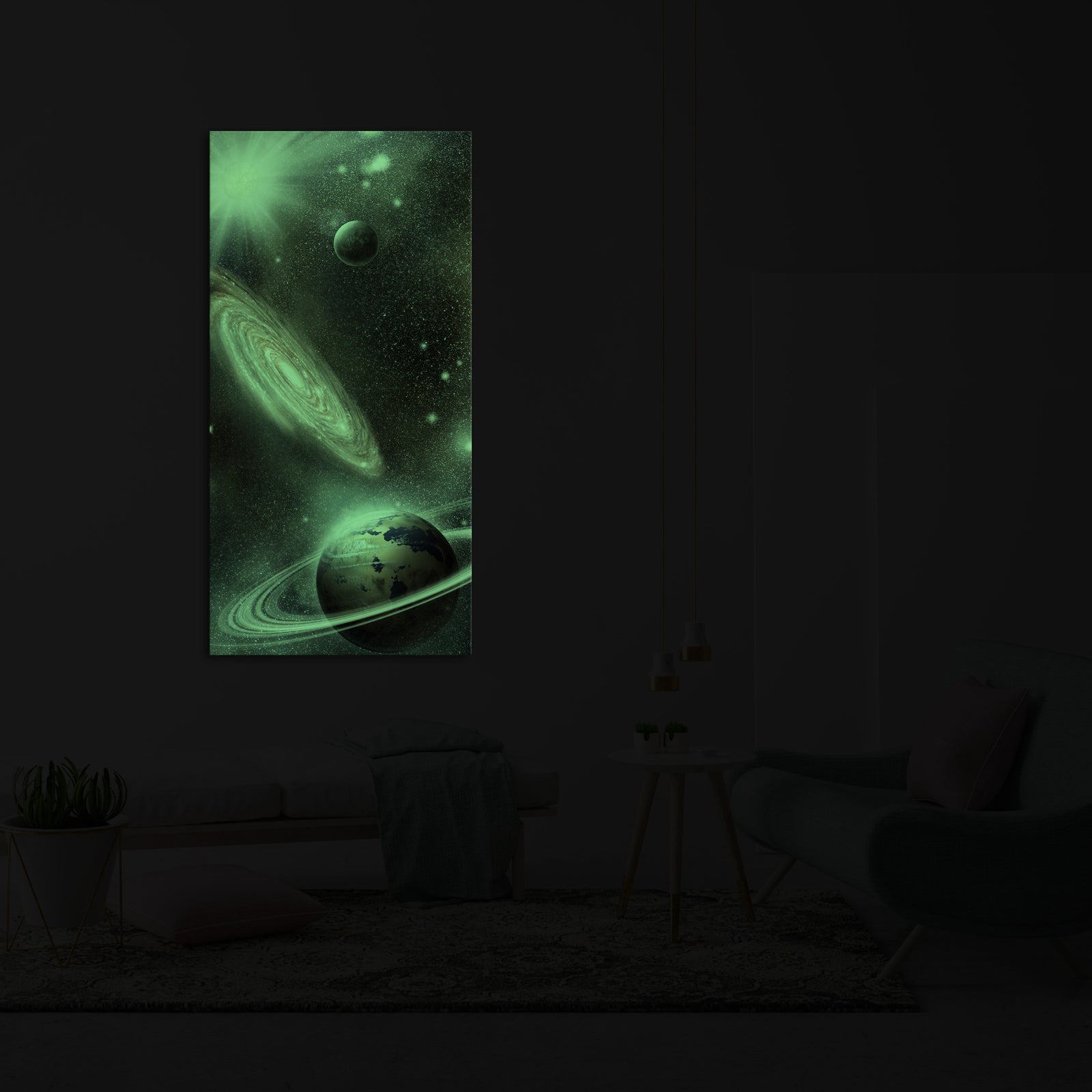 Cosmos No. 089, glowing in a room at night