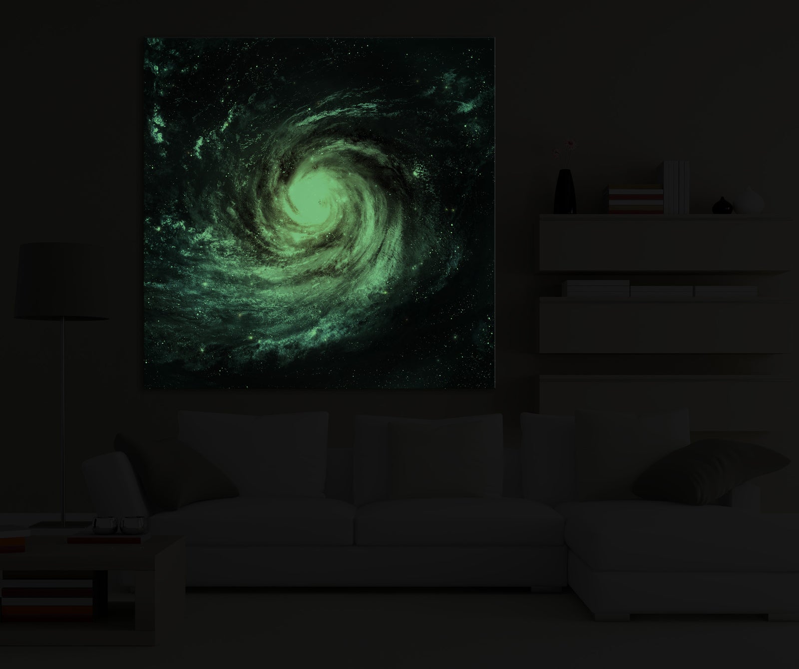 Cosmos No. 090, glowing in a room at night