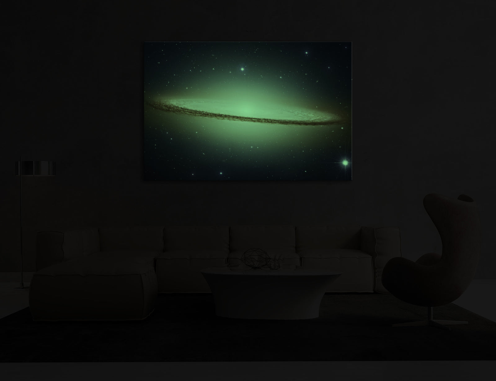 Cosmos No. 092, glowing in a room at night