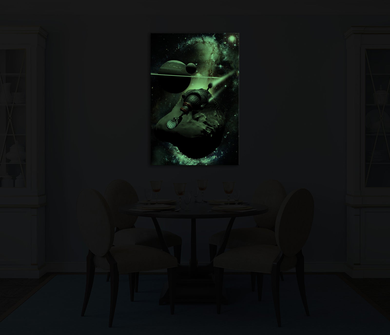 Cosmos No. 093, glowing in a room at night