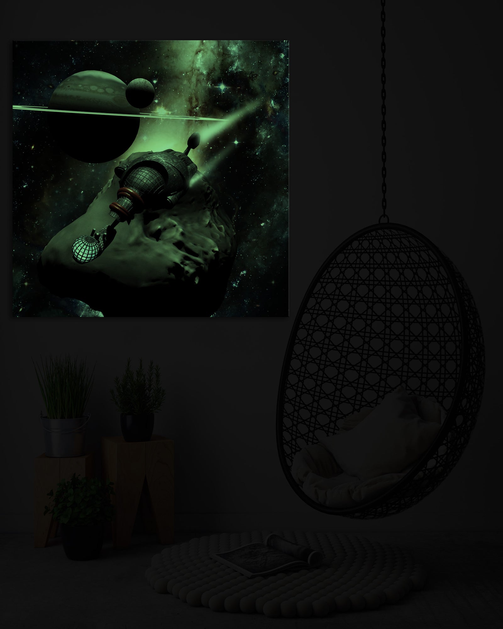Cosmos No. 098, glowing in a room at night