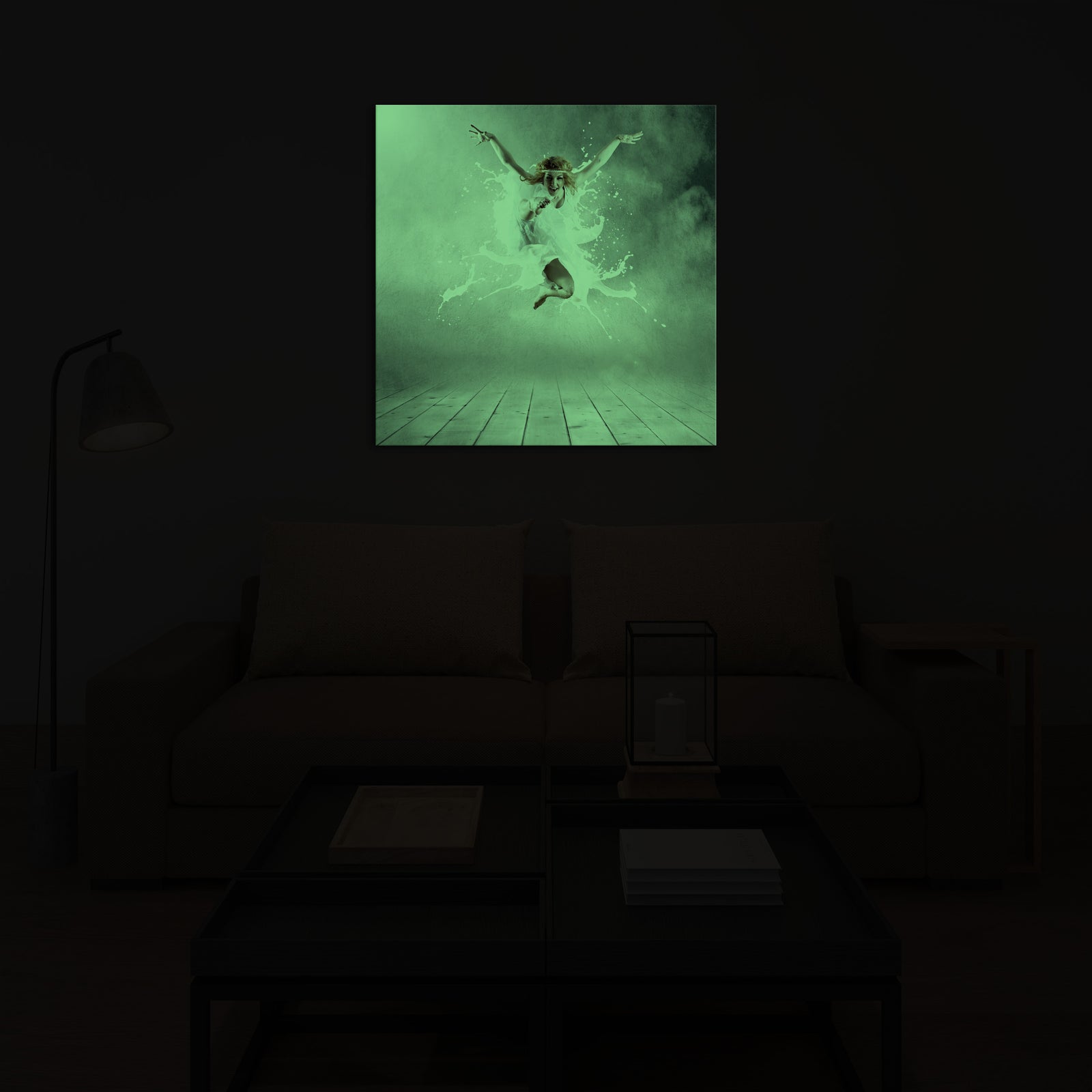 People No. 001, glowing in a room at night