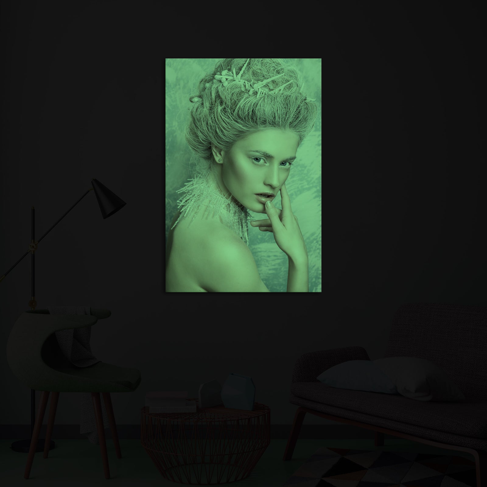 People No. 002, glowing in a room at night