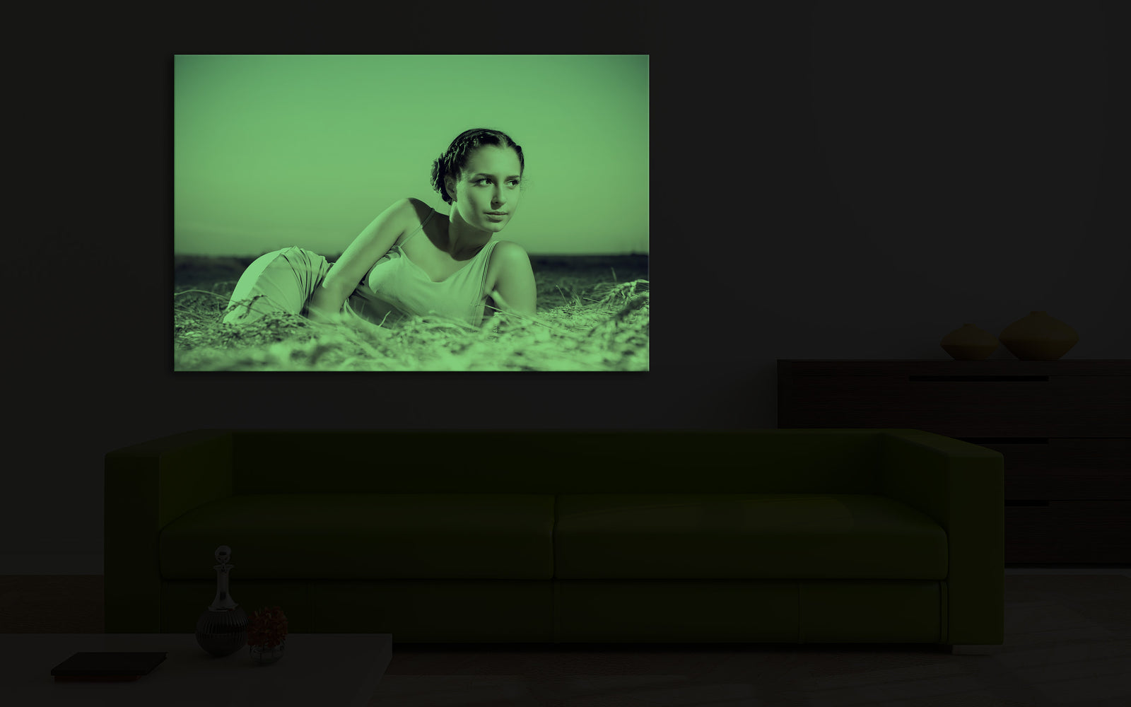 People No. 005, glowing in a room at night