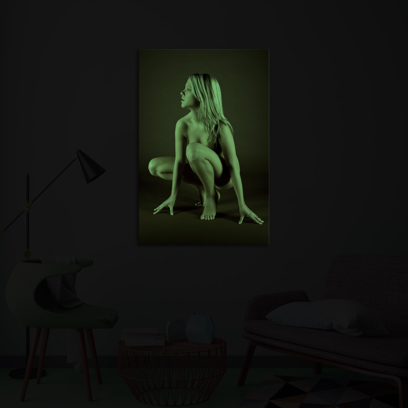 People No. 006, glowing in a room at night