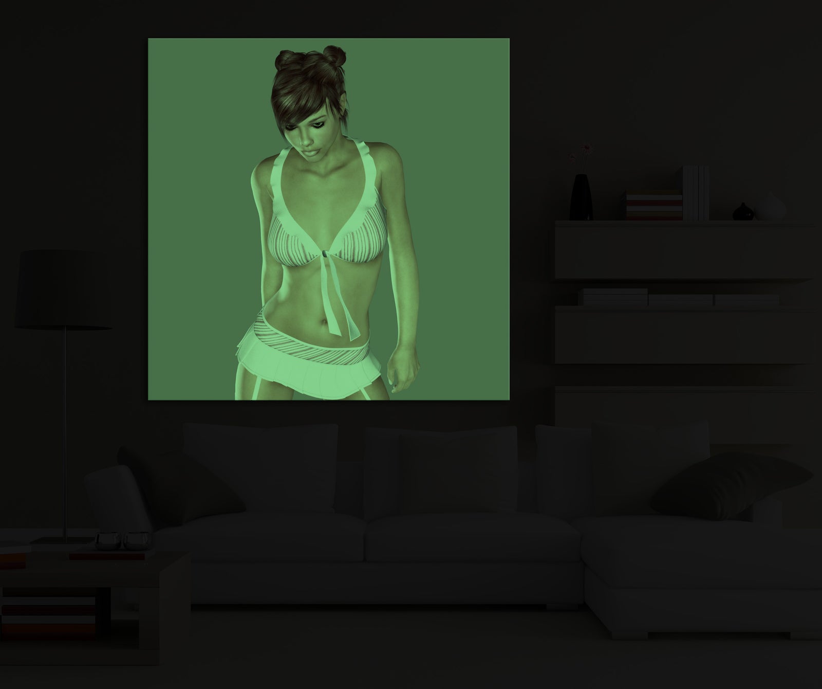 People No. 009, glowing in a room at night