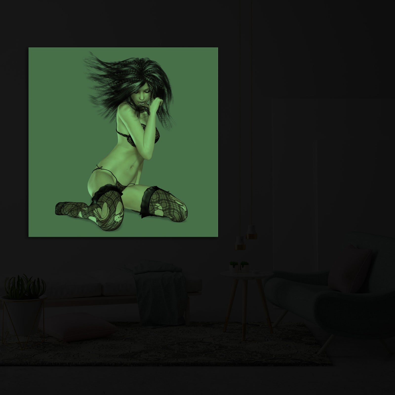 People No. 011, glowing in a room at night