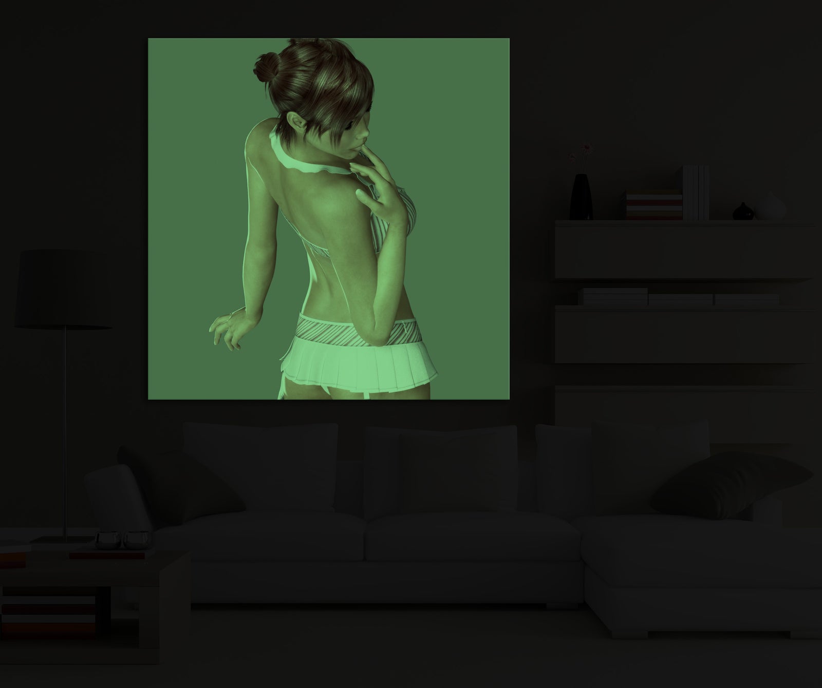 People No. 012, glowing in a room at night
