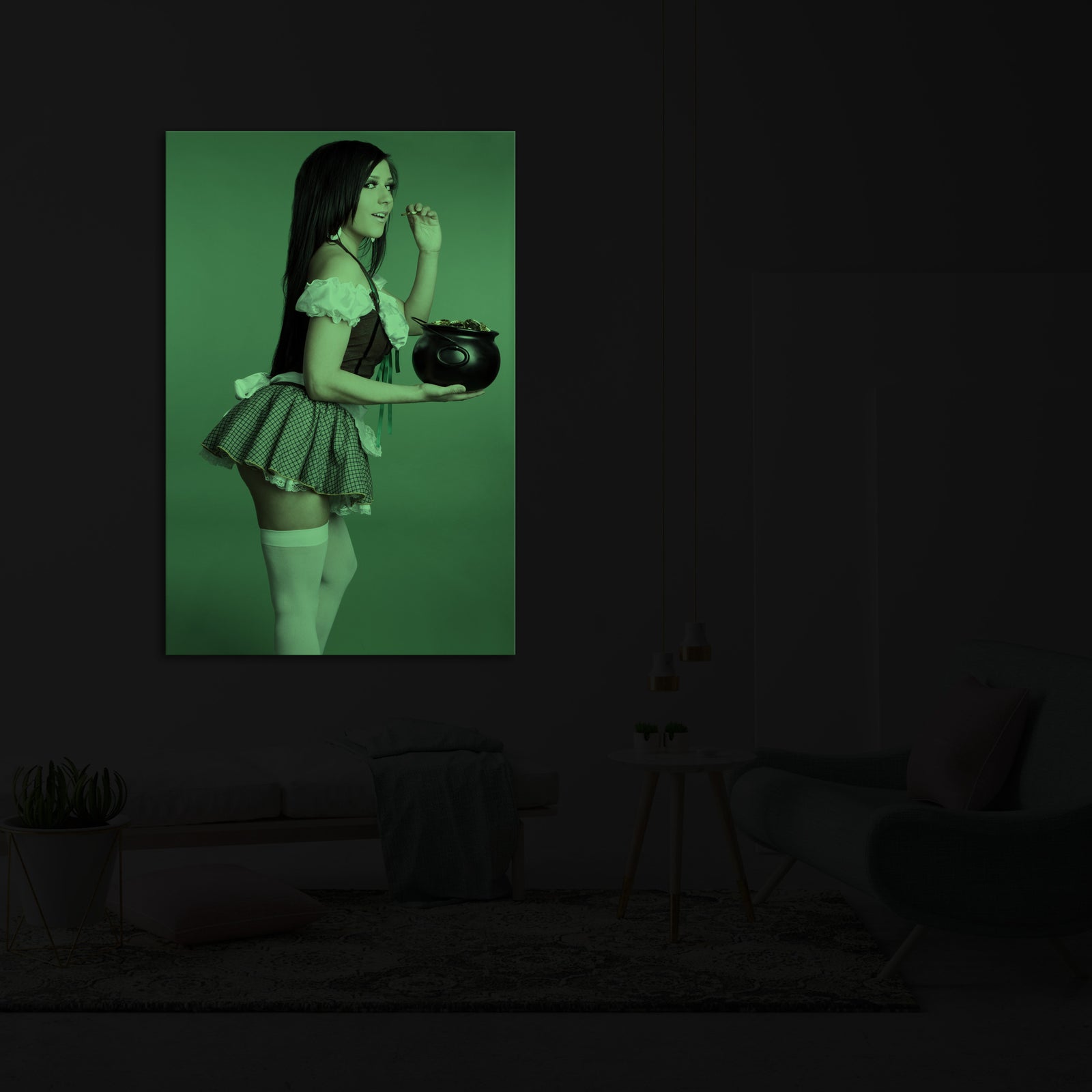 People No. 013, glowing in a room at night